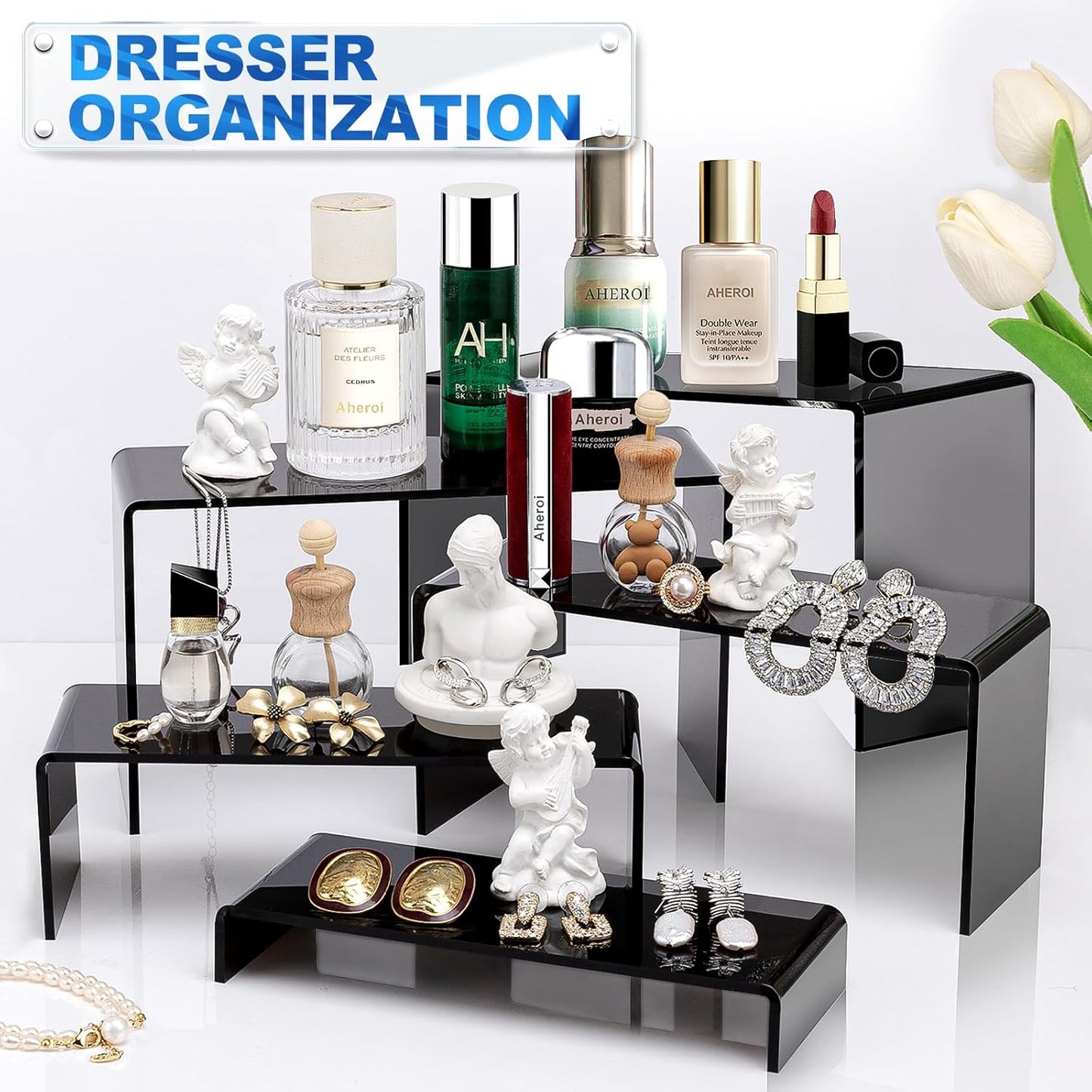 Aheroi Display Risers, 10 Pcs 2 Set(7”L~8”L~9”L) Acrylic Risers, Black Arylic Display Stands Acrylic Shelf Riser, Risers Display Stand Set for Decor, Cupcake Stands Display Showcase Holder for Toys