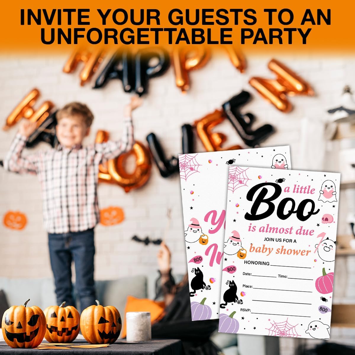 Halloween Baby Shower Party Invitations for Girl Cute Spooky Ghost Boo Baby Shower Party Fill in Invites Cards With Envelopes (20 Count) Double Sided Design, a Little Boo Is Almost Due