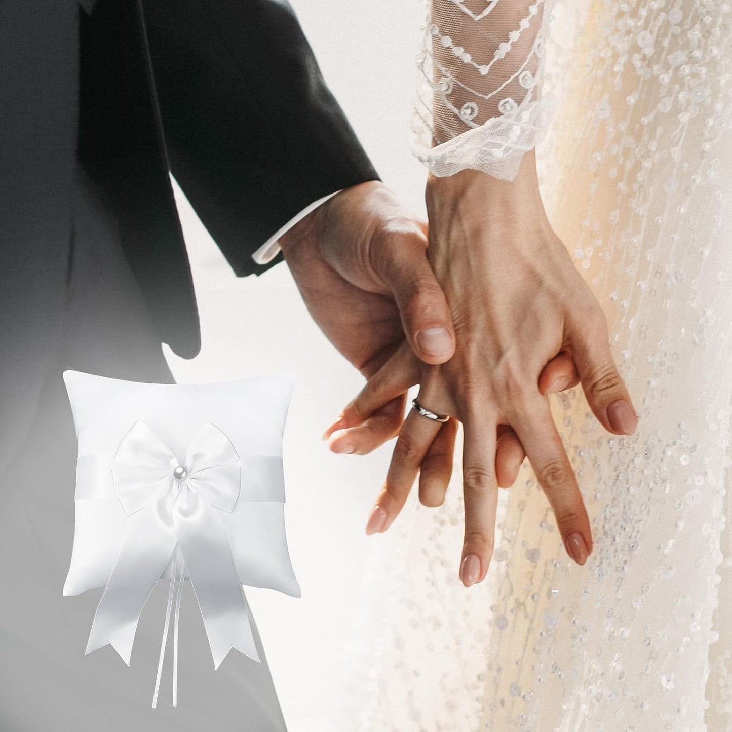 Wedding Ring Pillow Fairy Pearl Ivory Ring Bearer Cushion Bowknot Pocket Rings Bearer Pillow Holder Simple Collection of Big Bow for Wedding Party Ceremony 7.8'' x7.8''