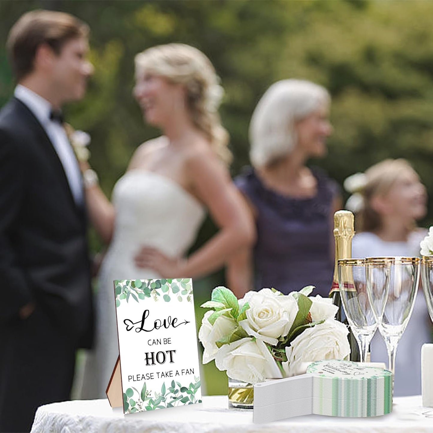 60Pcs Wedding Fan Gifts for Guests Greenery Handheld Fan with 1 Wedding Table Sign, Greenery Wedding Favors Thank You Fans for Guests Hostess Gifts Plastic Handheld Heart Shape Fan Green Leaf Pattern