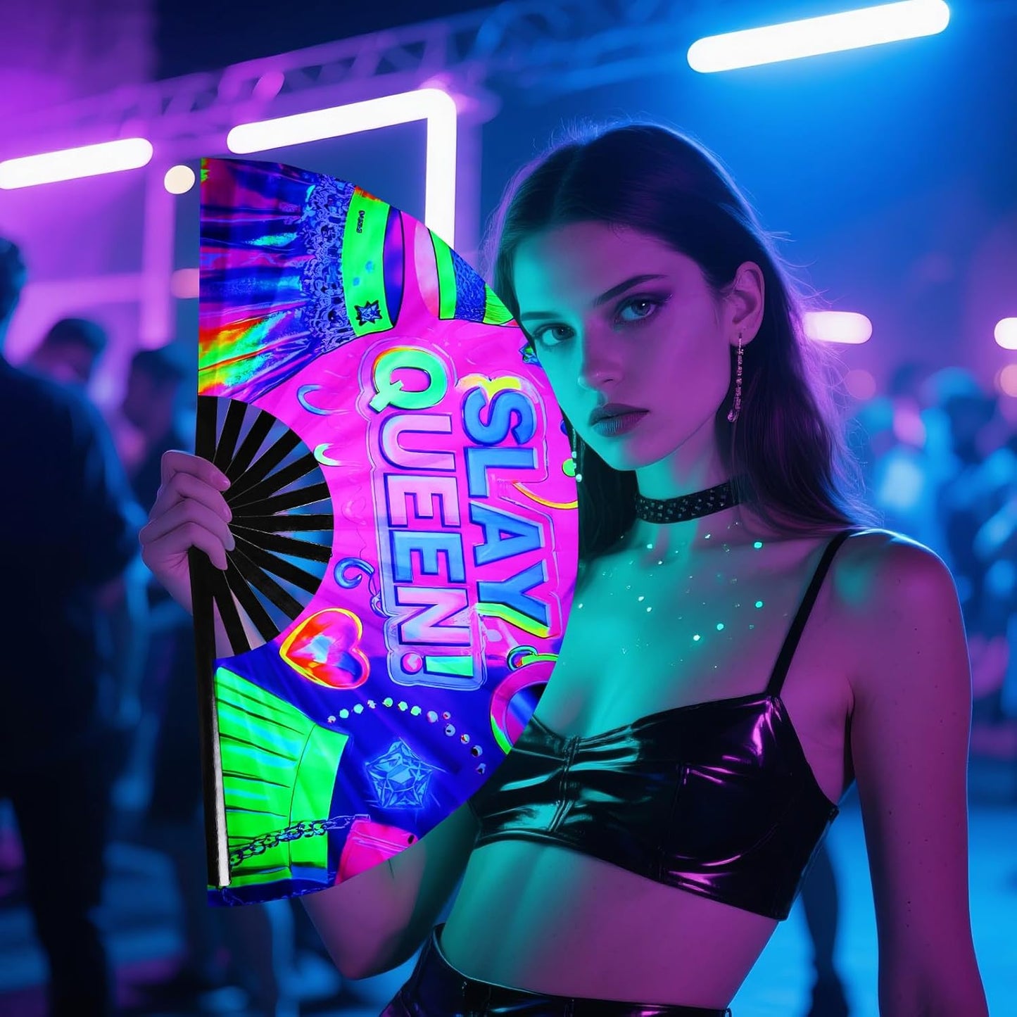 SYNTECSO Folding Hand Fan for Rave, Popping Fan for Line Dancing, Drag Queen, Women and Men Gift,Chinese Japanese UV Glow Clack Fan for Parties, Music Festivals, EDM and Decoration