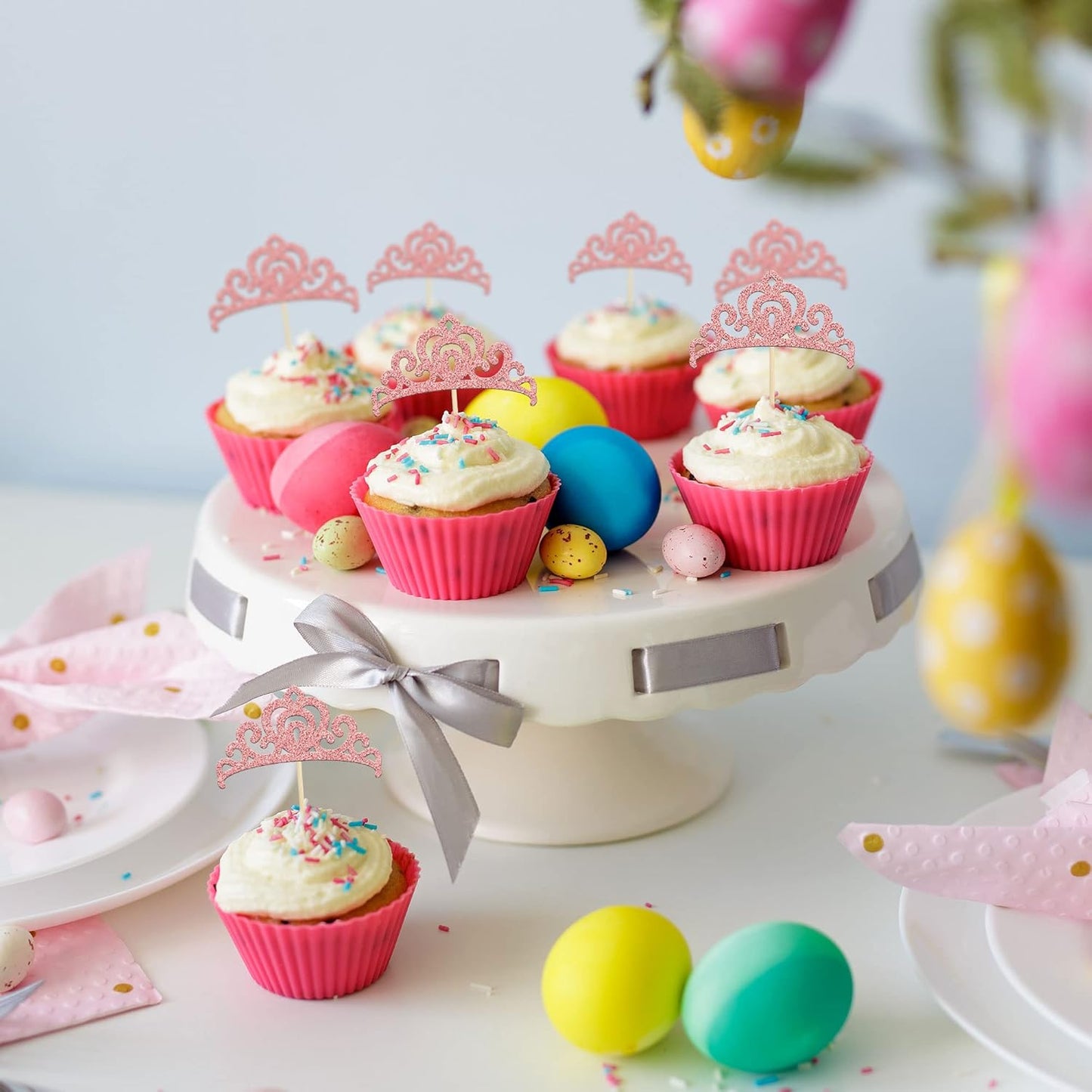 Gyufise 24Pcs Rose Gold Princess Crown Cupcake Toppers Glitter Princess Cake Pick Decorations for Wedding Girl Birthday Baby Shower Party Decorations