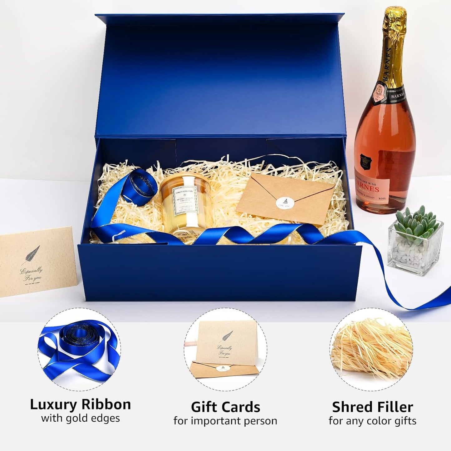 LIFELUM Navy Blue Gift Boxes 2 Pack 13.85 x 8.35 x 4.45 inch, Gift Box for Presents with Ribbon,Card,Shredded Paper Filler Magnetic Closure for Business, Father's Day, Holidays,Birthdays