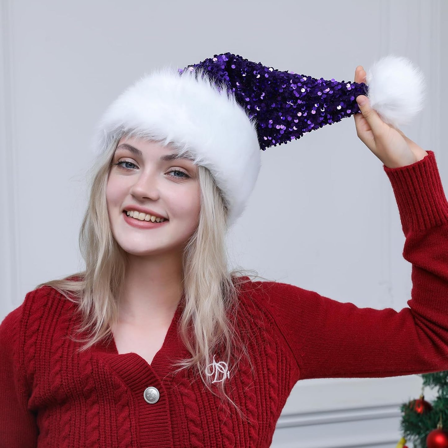 Personalized Sequin Santa Hat for Adults, Red Glitter Christmas Party Hat, Xmas Halloween New Year Holiday Headwear