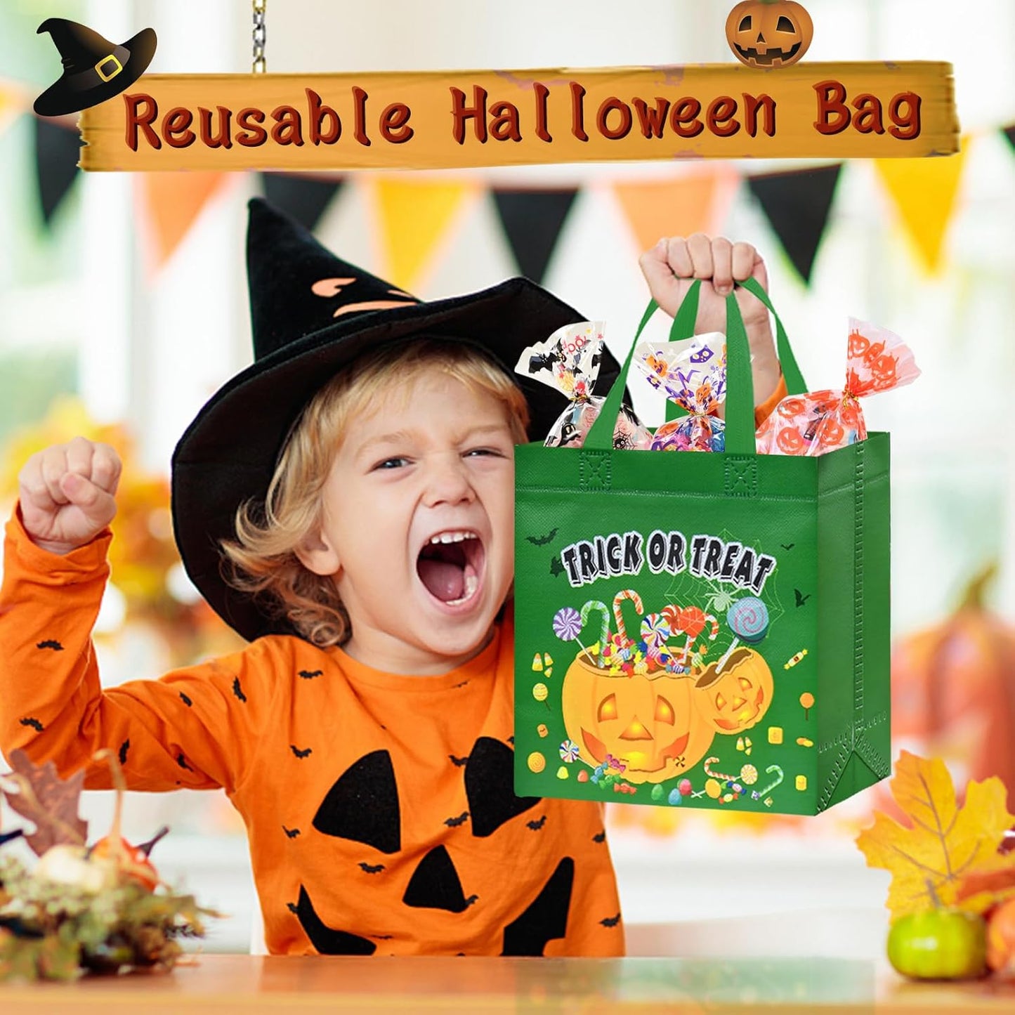 AhfuLife 16 Pcs Halloween Trick or Treat Bags, Candy Tote Bags with Handles, Reusable Non-Woven Gift Bag for Halloween Party Supplies Favors (7.8×7.8×3.1’’)