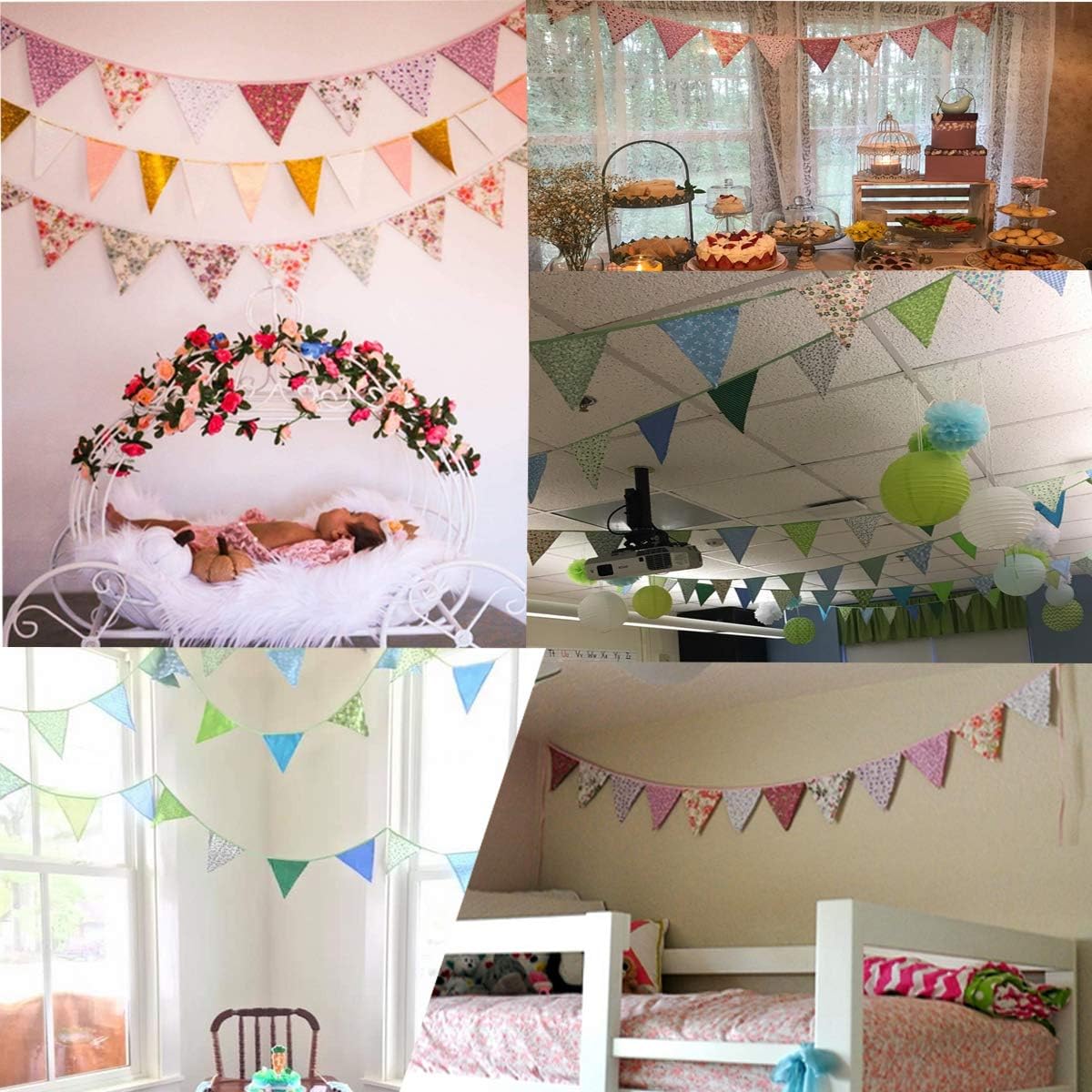 10M/32Ft Triangle Bunting Banner, 36 Pcs Cotton Fabric Flags Pennant Garlands for Birthday Party, Wedding, Baby Shower, Outdoor and Home Decorations (Pink)