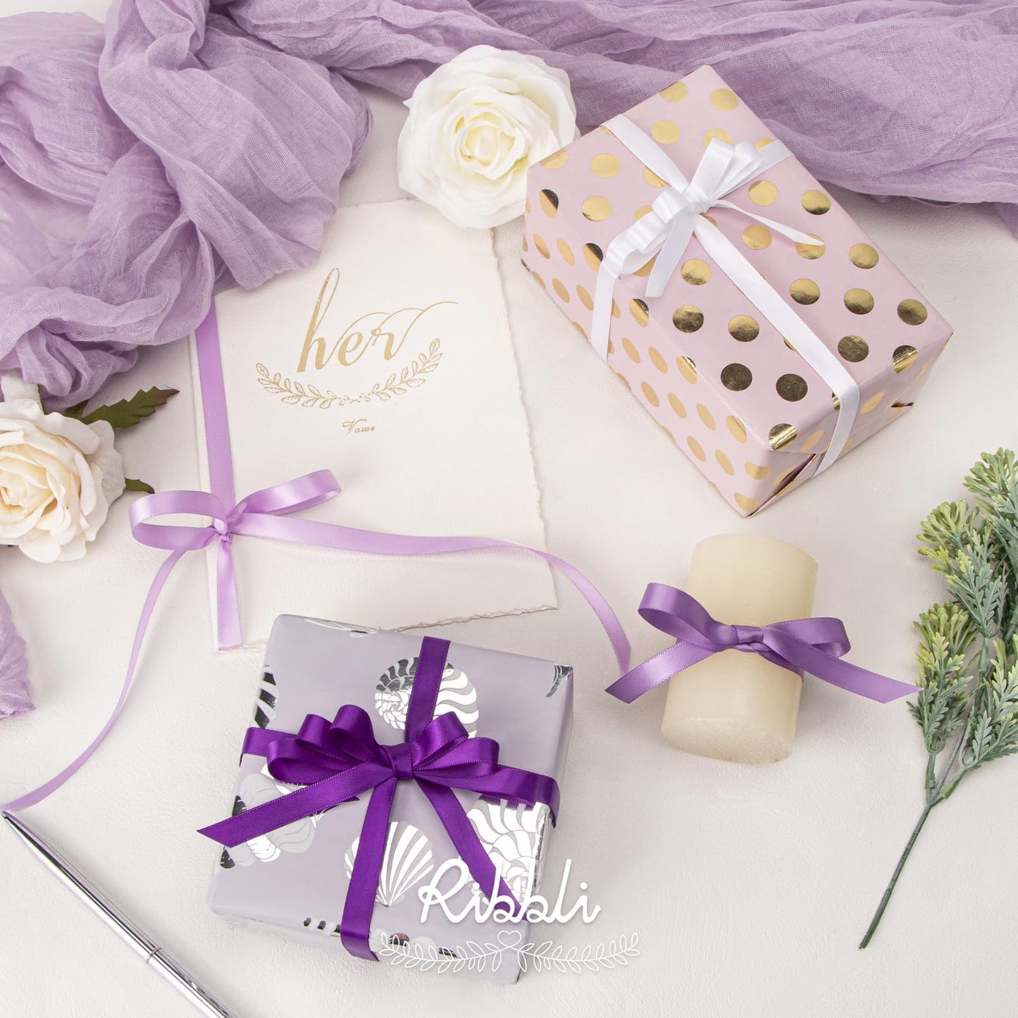 Ribbli Purple Satin Ribbon 3/8 Inch x 4 Rolls Total 40 Yards-White Lavender Purple Ribbon for Gift Wrapping Craft Wedding Decoration