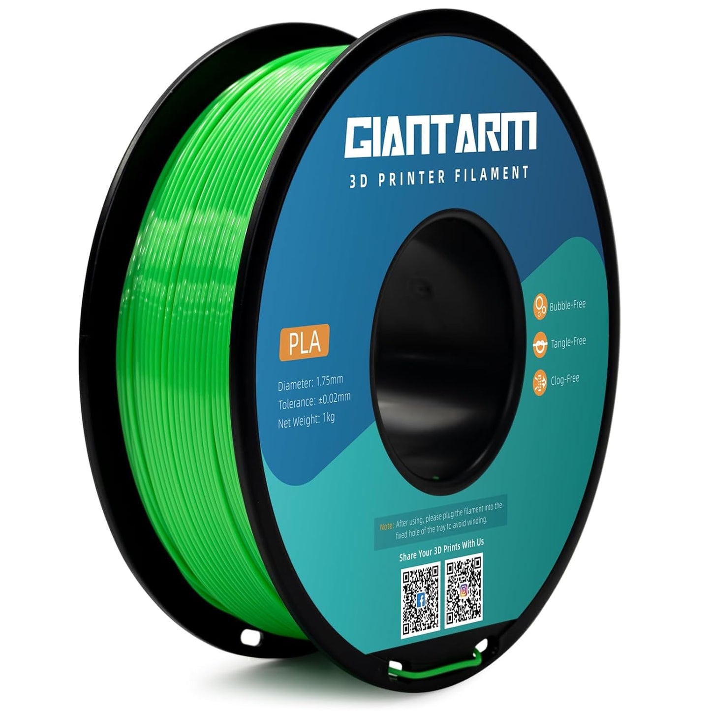 GIANTARM 3D Printer Filament, Green Pla Filament, 1Kg(2.2lbs) Spool, 1.75mm Dimension Accuracy +/- 0.03mm, 3D Printing Filament