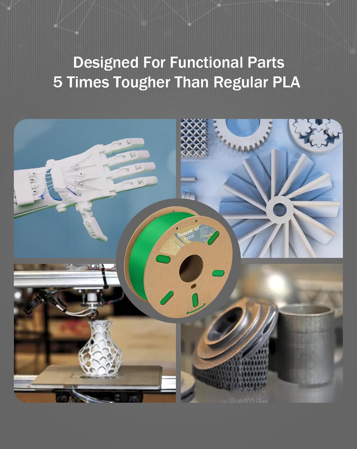 DURAMIC 3D PLA+ Filament 1.75mm 1Kg Green, PLA Plus Filament 1Kg Spool(2.2lbs) Tougher and Stronger, Dimensional Accuracy Probability +/- 0.02mm