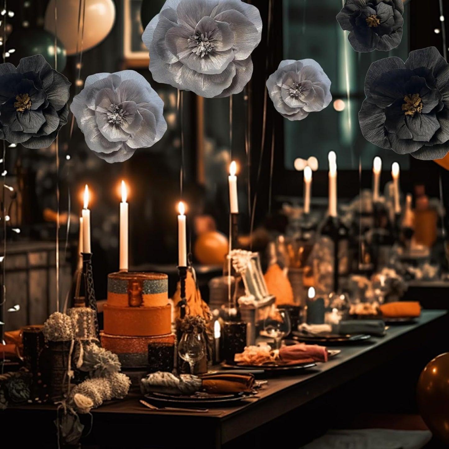 BRT Bearingshui Crepe Paper Flowers Decoration for Wall Total 6 Pcs, Artificial Flowers for Wedding Decor,Flower Backdrop Decor, Baby Bridal Shower Birthday Party, Silver Black 3D Wall Flowers Decor