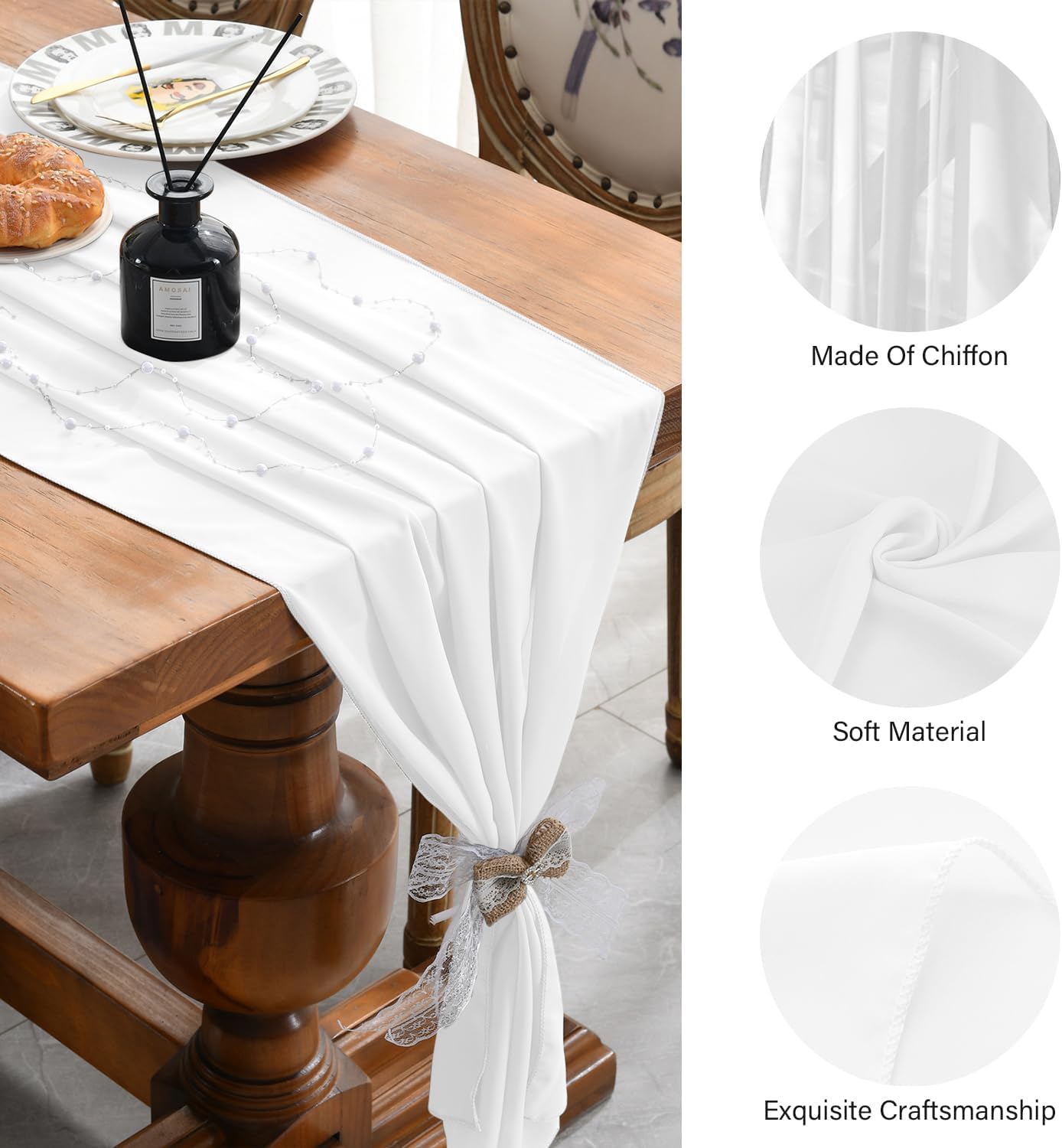 10 Pack 10 Ft Chiffon Table Runner White Gauze Long Table Runners 27x120 Inches Sheer Tulle Table Runner for Rustic Wedding Reception Bridal Shower Decorations Birthday Party