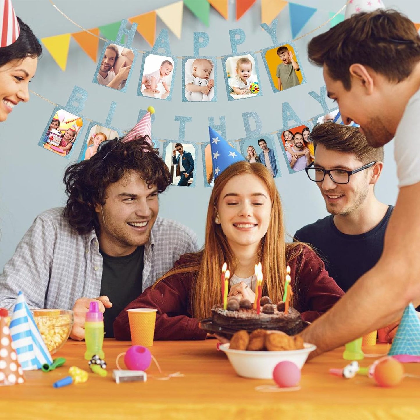 Birthday Photo Banner, Suitable for Kids and Adults Birthday Party Decoration, Annual Milestone Blue Happy Birthday Banner (blue)