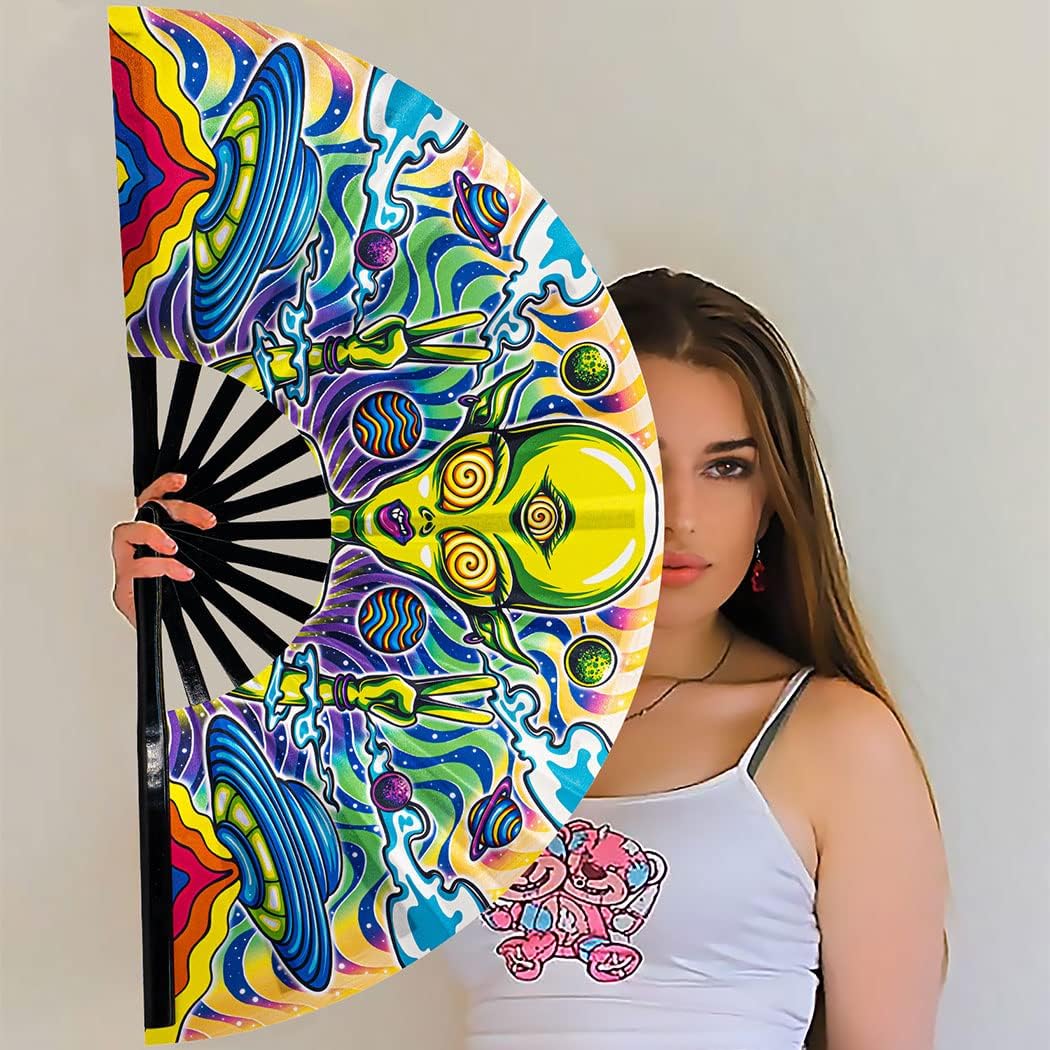 13" Large Rave Fan Bamboo, Folding Clack Hand Fans Foldable for Men Women, Boots on the Ground Poping Fan for EDM Festival Line Dance Decoration, (Alien, Large 13")