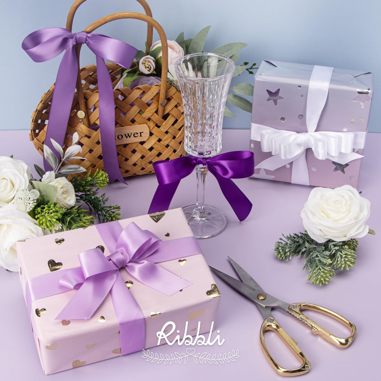 Ribbli Purple Satin Ribbon 1 Inch x 4 Rolls Total 40 Yards-White Lavender Purple Ribbon for Gift Wrapping Craft Wedding Decoration