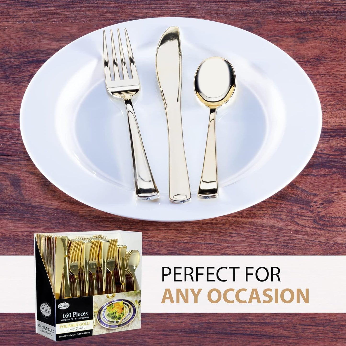 Gold Plastic Silverware Set, 160 Count, Extra Heavy Duty Flatware, Disposable Cutlery Utensils, 80 Forks, 40 Spoons, 40 Knives, Polished Gold, Bulk Pack