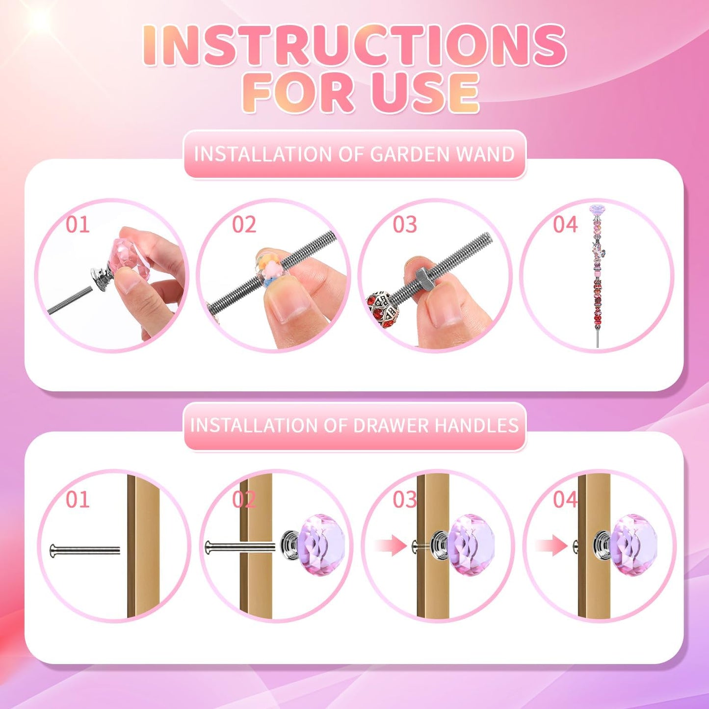 DIY Fairy Wand Garden Beads Stakes Wands Kit,Multiple Color Scheme European Beads Crystal Diamond Tops and 12 or 10 Inch Threaded Rods,Stainless Steel Stakes with Diamond Toppe(Pink+Rose+Red+White)