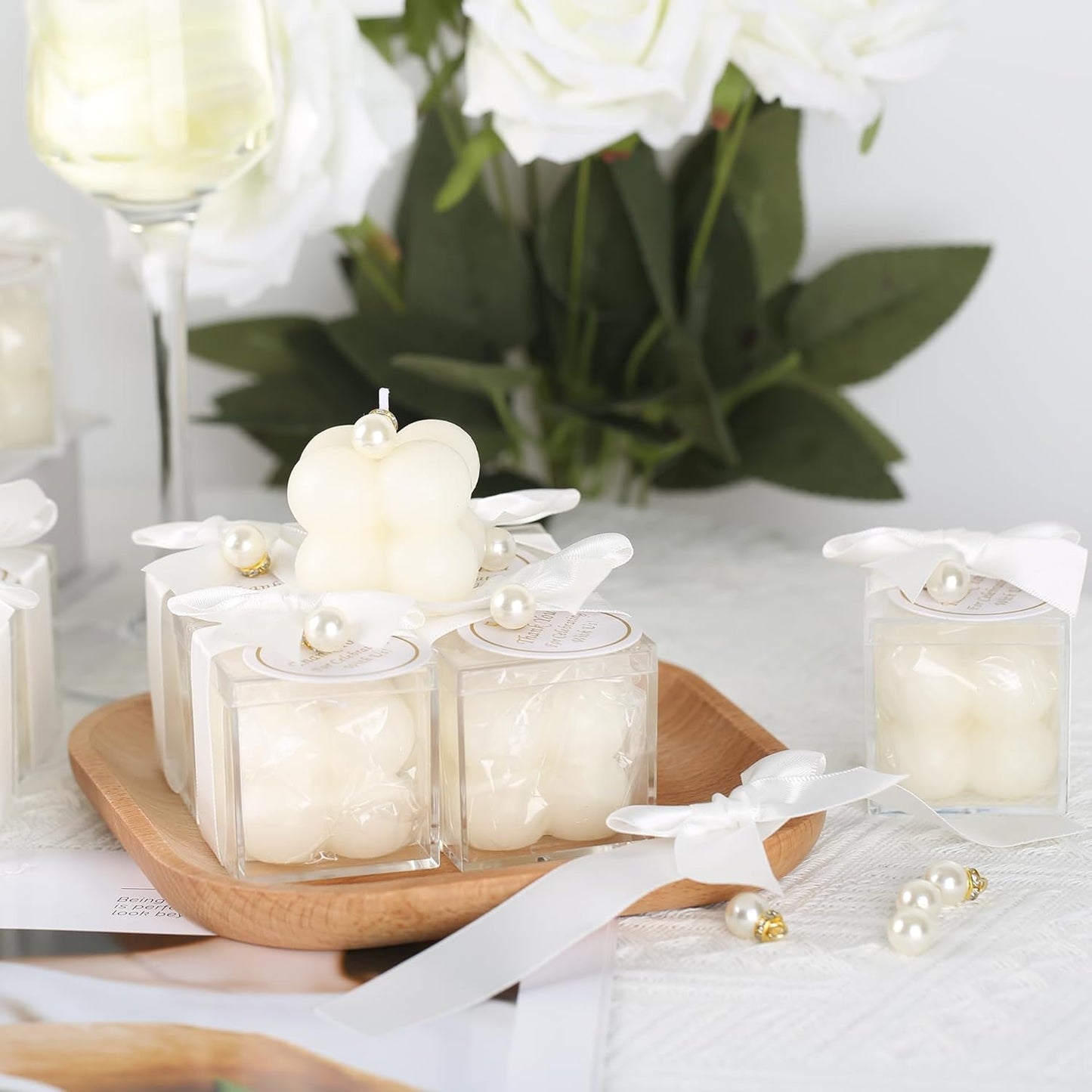 20 Pcs Small Bubble Candles Elegant Party Favors Bulk Set with Decorative Ribbons Thank You Cards for Bridal Shower Guest Gifts (20, White)