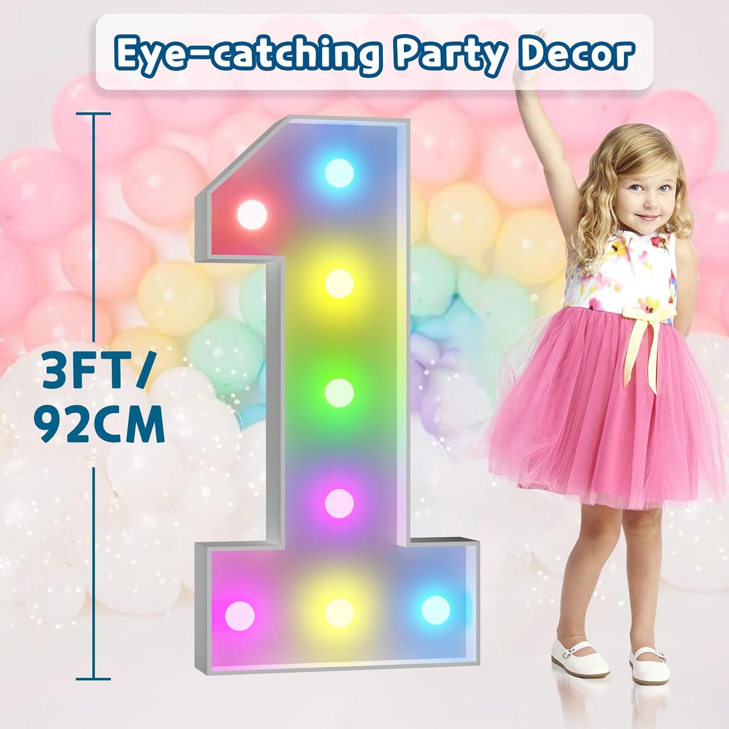 imprsv 3FT Colorful Marquee Numbers,18 Colors Number 1 with Remote, Light Up Numbers Sign for 1st Birthday Decorations Anniversary Party Decor, Pre-Cut Foam Board Kit, Mosaic Sign for Balloon