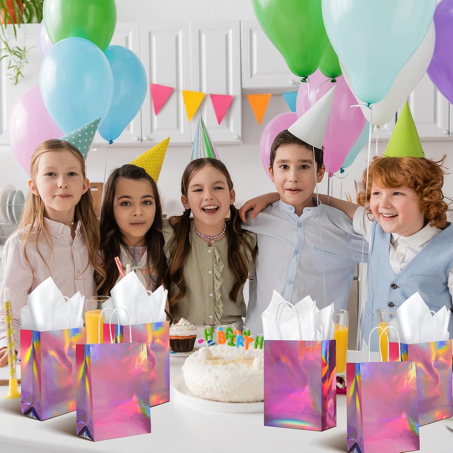 24 Pcs Iridescent Pink Gift Bags Decorations, Holographic Foil Party Favor Bags with Handles, Pink Paper Candy Goodie Bag with 24 Tissue Paper for Graduation Birthday Baby Shower Party Supplies