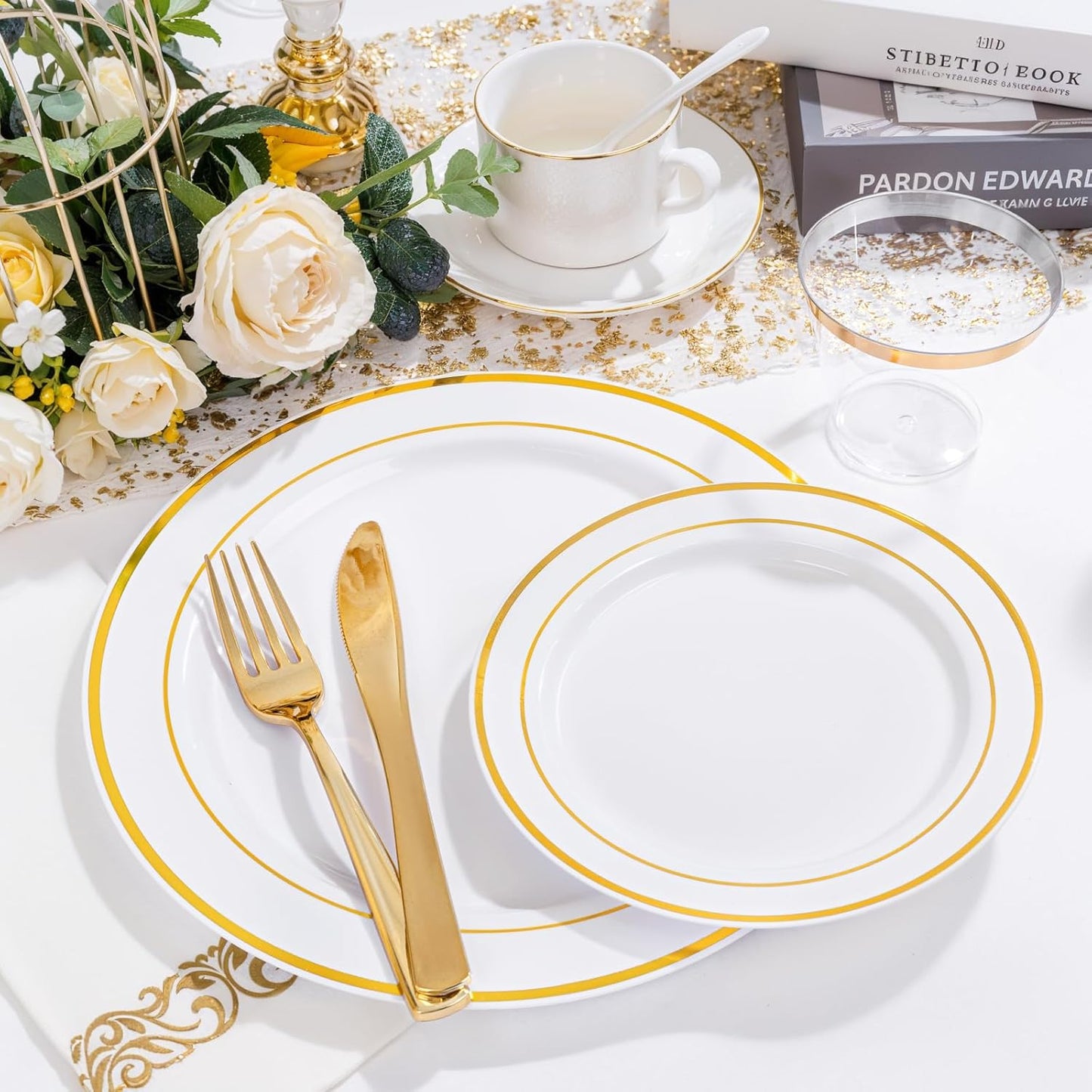 NOCCUR 700PCS Gold Disposable Dinnerware Set for 100 Guests - Include 200 Gold Dinner/Dessert Plates, 100 Napkins, 100 Cups, 300 Plastic Silverware for Wedding/Party/Thanksgiving
