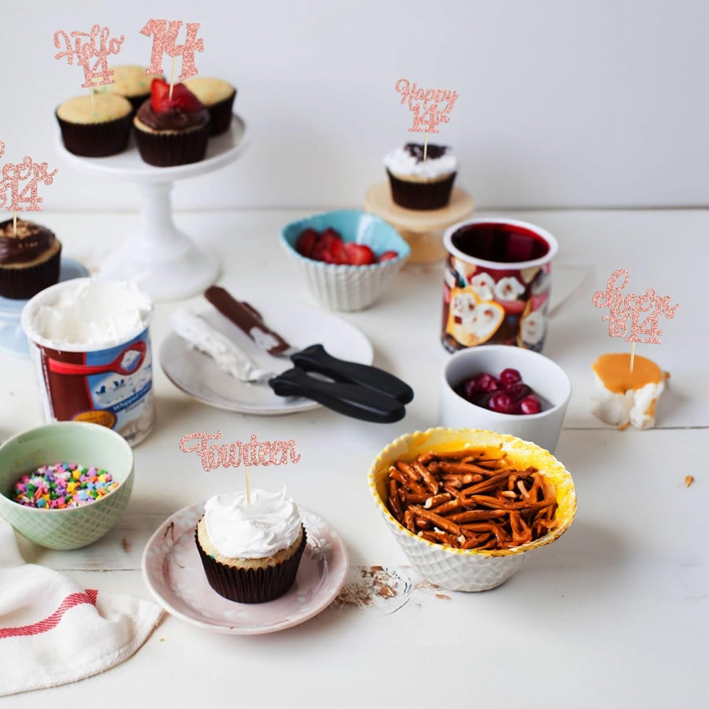 30Pcs 14th Birthday Cupcake Toppers Hello 14 Cupcake Picks Fourteen Cheers to 14 Years Old Cake Decorations for 14th Birthday Anniversary Party Supplies Rose Gold Glitter