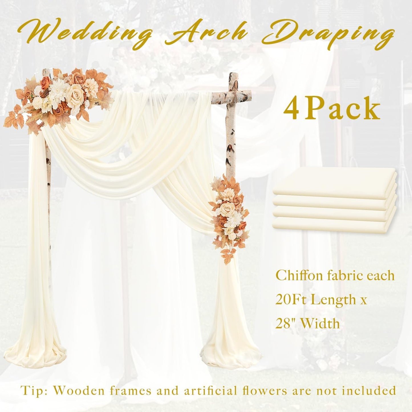 Wedding Arch Draping Fabric 4 Panels 20Ft length x 28" width Ivory Arch Drapes Chiffon Fabric Sheer Curtains Backdrop for Party Bridal Ceremony Ceiling Decor Wedding Stage Reception Decorations