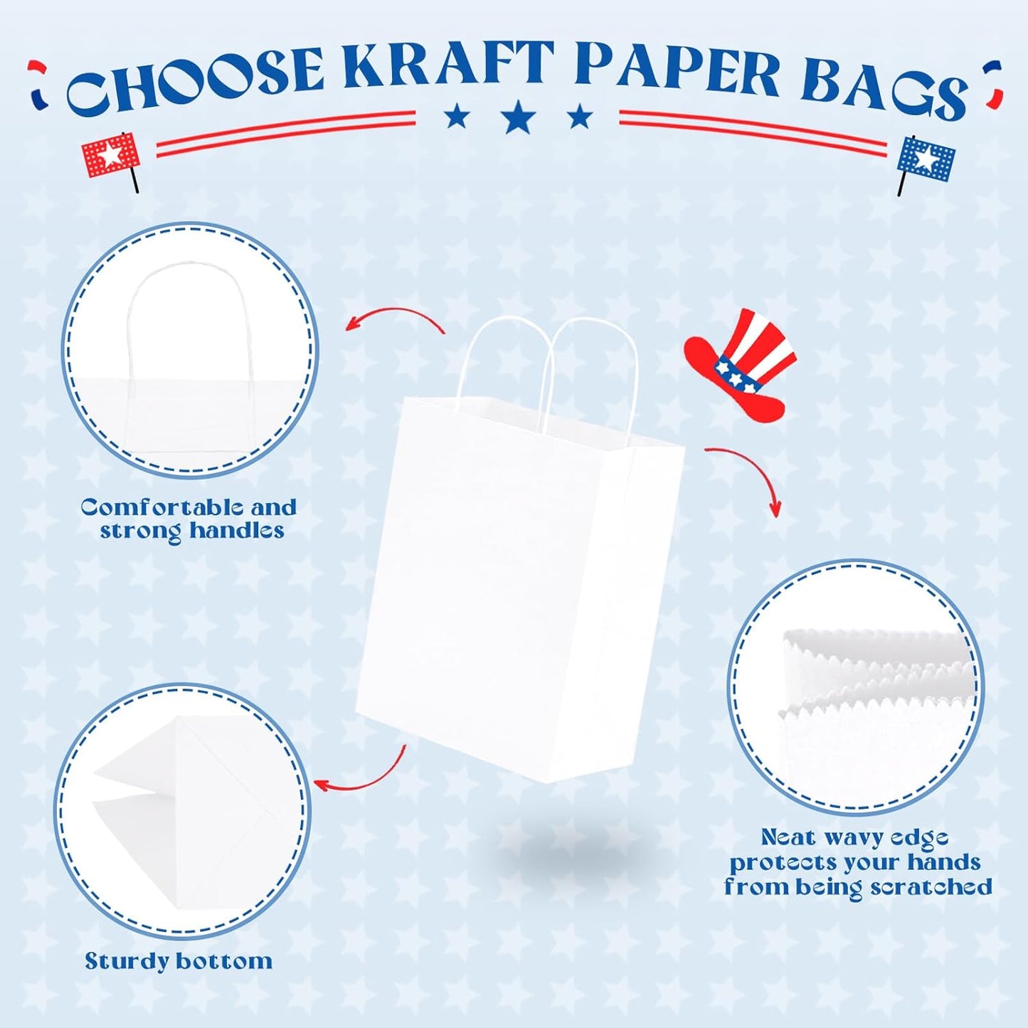 MESHA Gift Paper Bags 300 PACK 8x4.25x10.5'' White Medium Shopping Kraft Bags Bulk with HandlesReusable for Business Grocery Birthday Wedding Kids Party Favors(Made in USA)