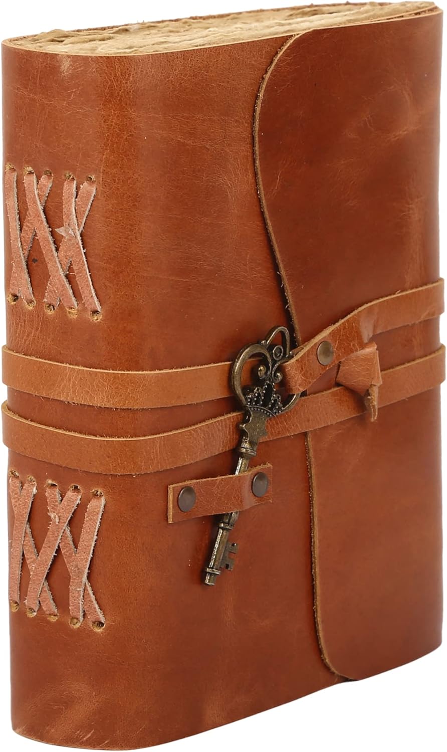 Leather Journal with Lined and Unlined Deckle Edge Paper 8x6 inch and Vintage Key | Handmade Writing Notebook Diary | Bound Daily Notepad for Men & Women Medium, Sketch/Writing pad for Artists