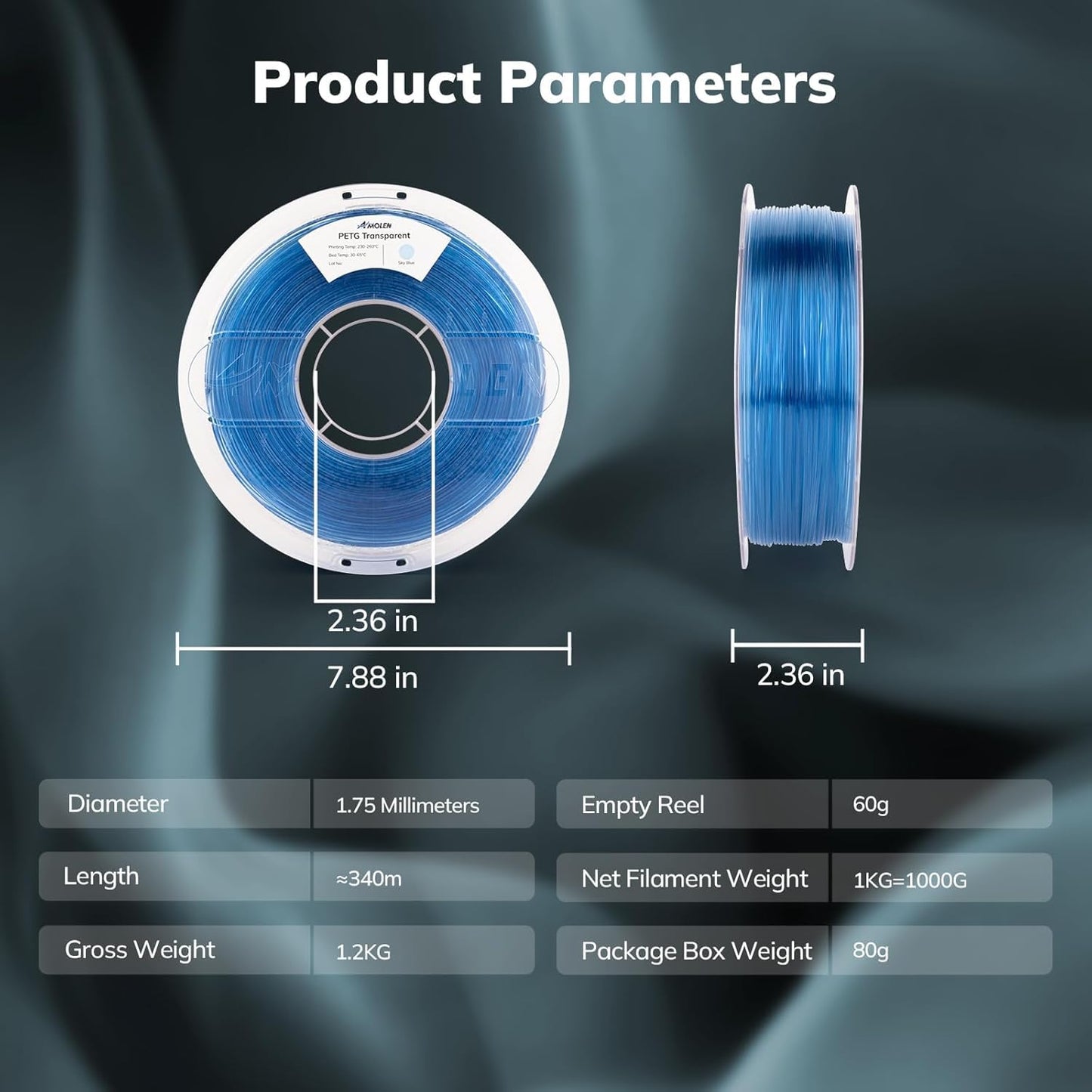 AMOLEN Rapid PETG Transparent 3D Printer Filament 1.75mm +/-0.02mm,Transcucent petg 500mm/s High Speed Strong Toughness Sky Blue 1KG/2.2lb