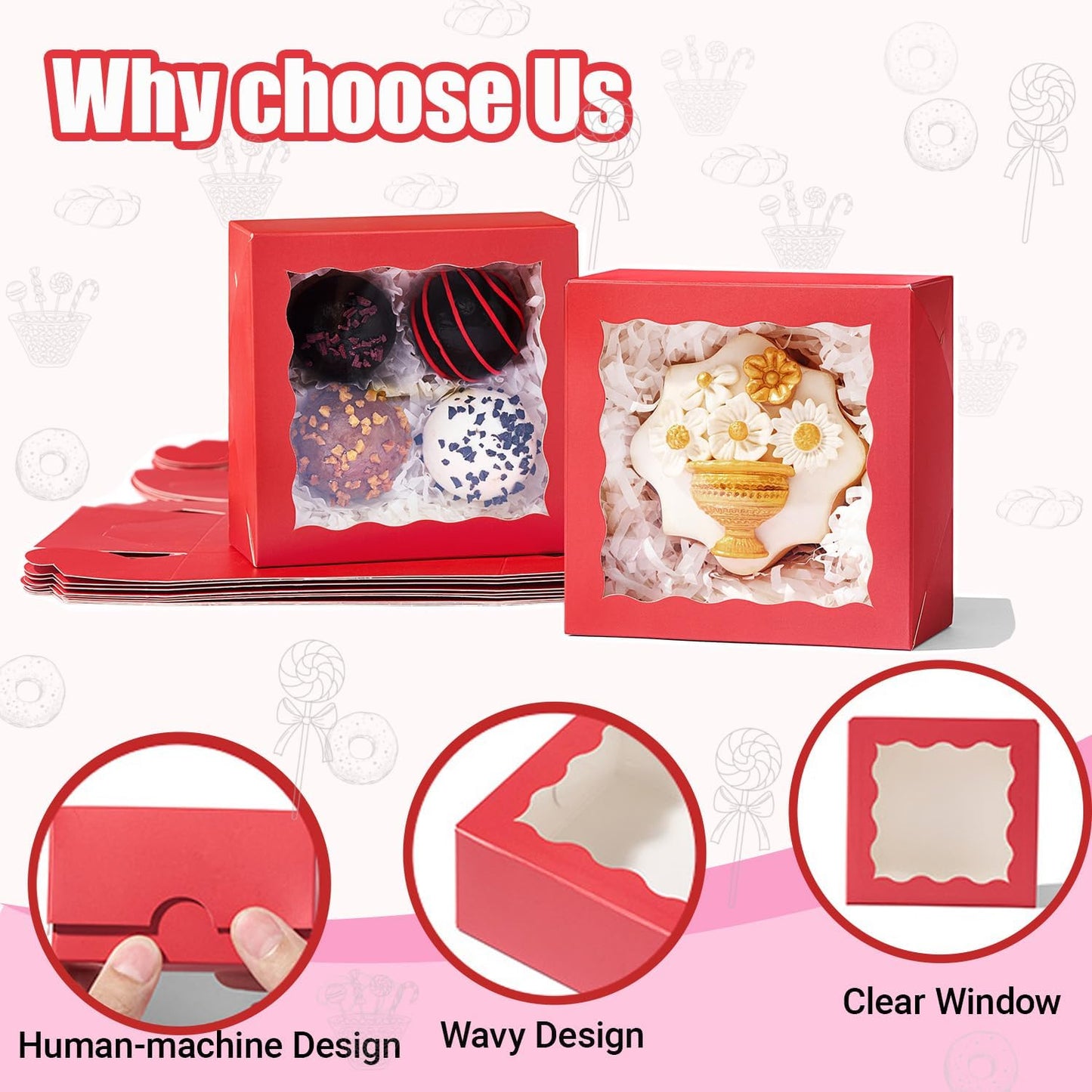 100-Pack 4x4x2 Classic Red Bakery Boxes - Treat/Cookie/Truffle Boxes for Mini Cakes, Pies & Cinnamon Rolls - Wedding Party Favor Packaging
