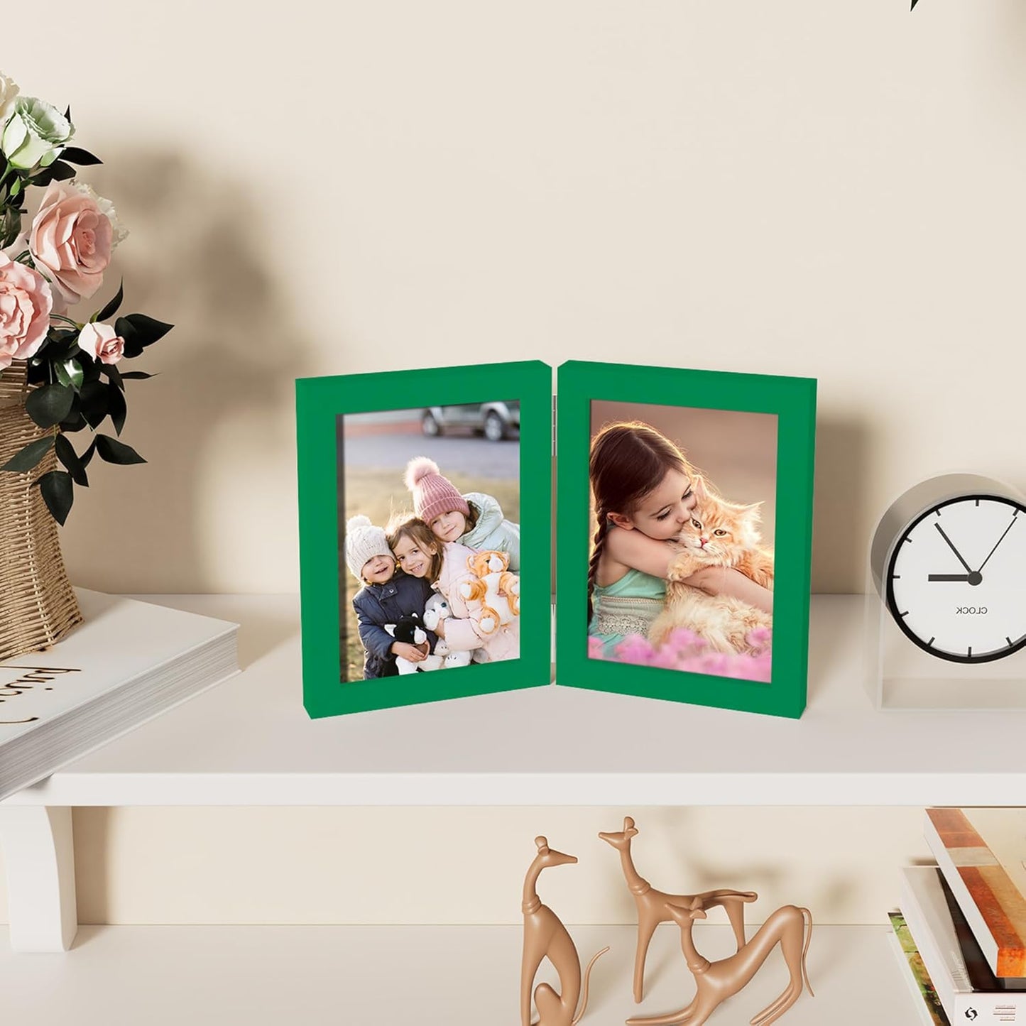 decorUhome Double 5x7 Picture Frame Vertical, Engineered Wood Bifold Photo Frame with Plexiglass for Tabletop Display, 5x7, Green
