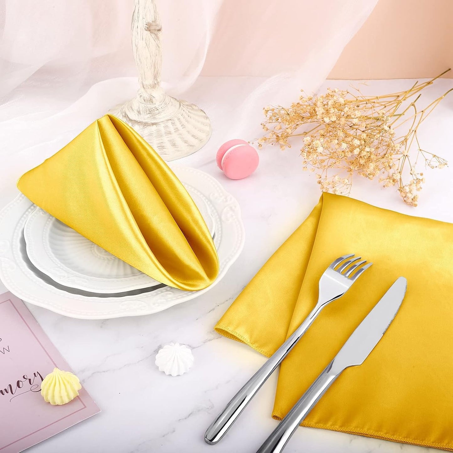 ANECO 16 Pack Square Satin Napkin Bright Silk Table Napkin Soft Smooth Fabric Table Napkin for Wedding Banquet Party Decoration, Yellow, 17 x 17 Inch