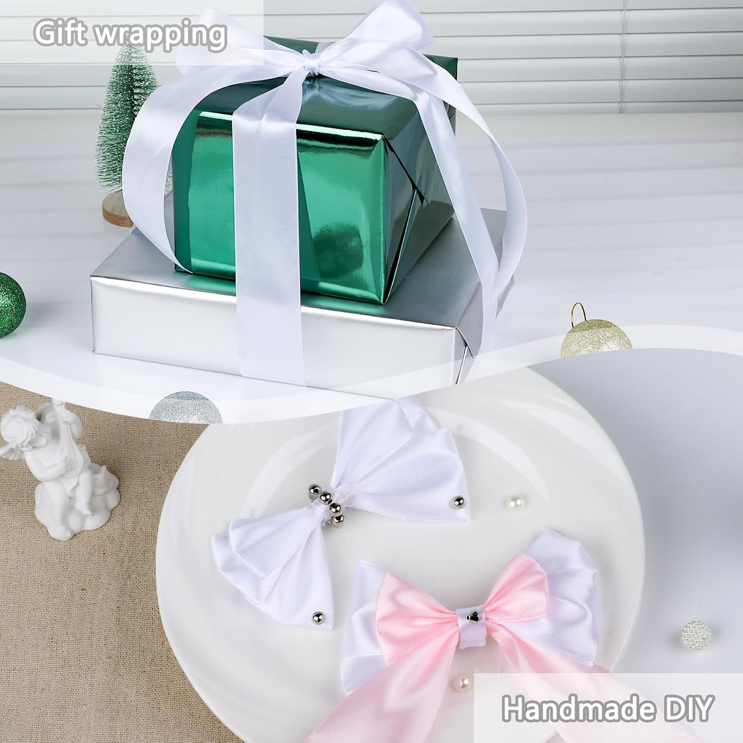 NESCCI 100 Yards Ribbon,1-1/2 Inch White Satin Ribbon,Single Face Satin Ribbons,Perfect for Gift Wrapping,Wedding Decoration,Handmade Bows, Wrapping Bouquet,Halloween,Christmas