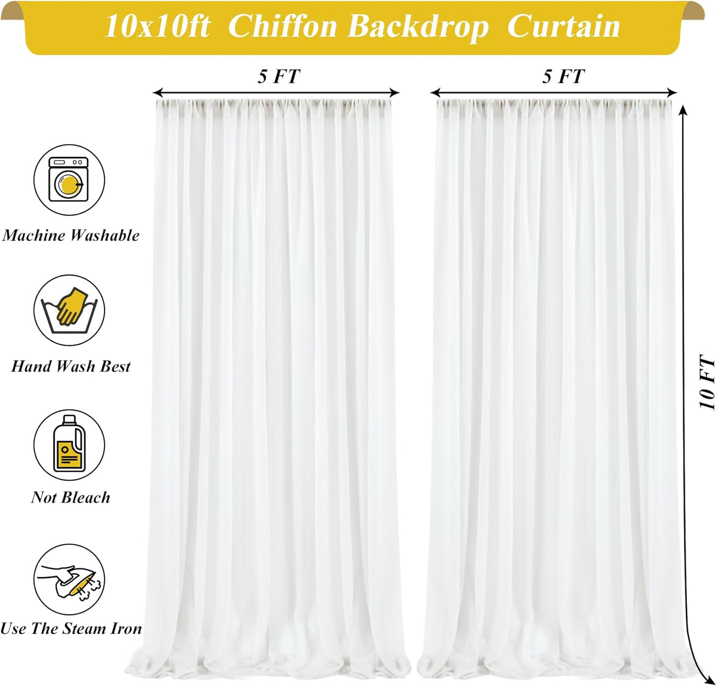 10x10ft Cream White Chiffon Backdrop Curtain with Lights String for Wedding Parties, Sheer Photo Backdrop Curtains for Baby Shower Bridal Shower Birthday Party Ceremony Reception
