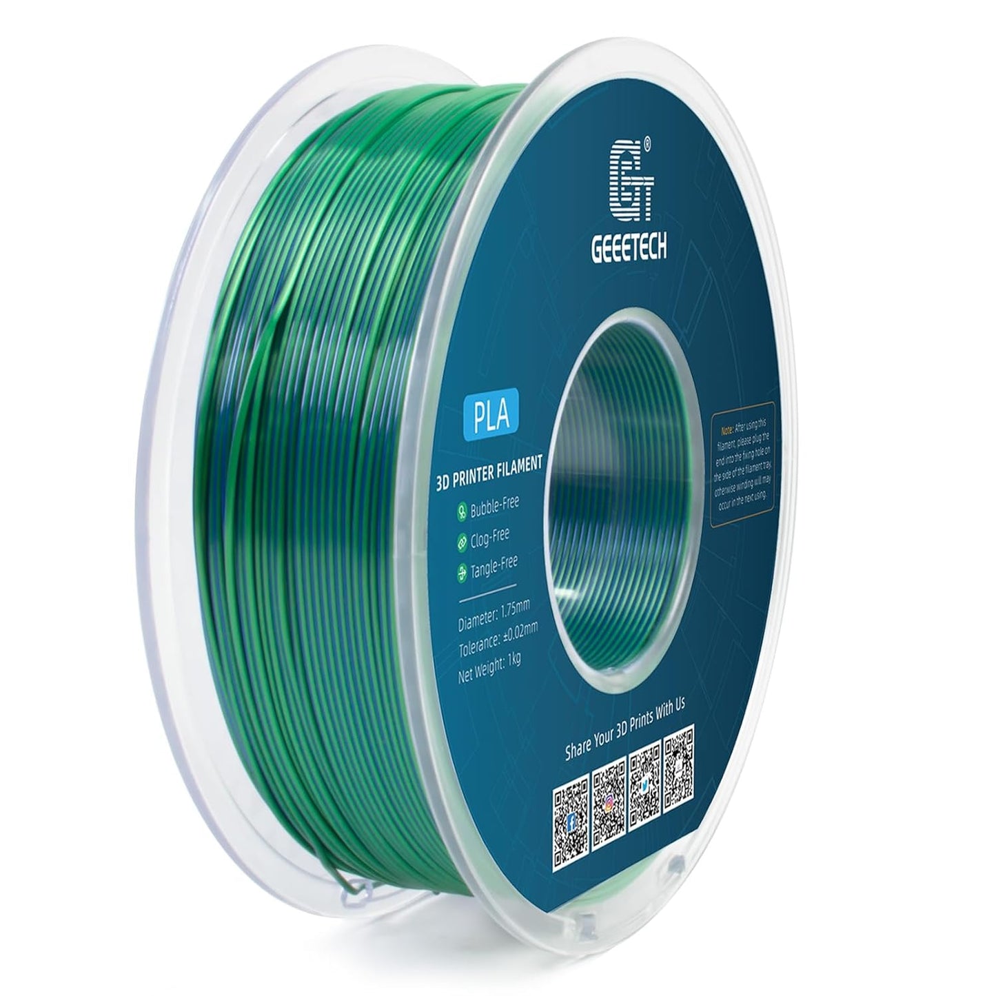 Geeetech 3D Printer Silk PLA Dual Color Filament, Metal-Like Shiny Silk Filament 1.75mm 1kg (2.2lbs) Spool, Dimensional Accuracy +/- 0.02 mm, Silk Blue Green