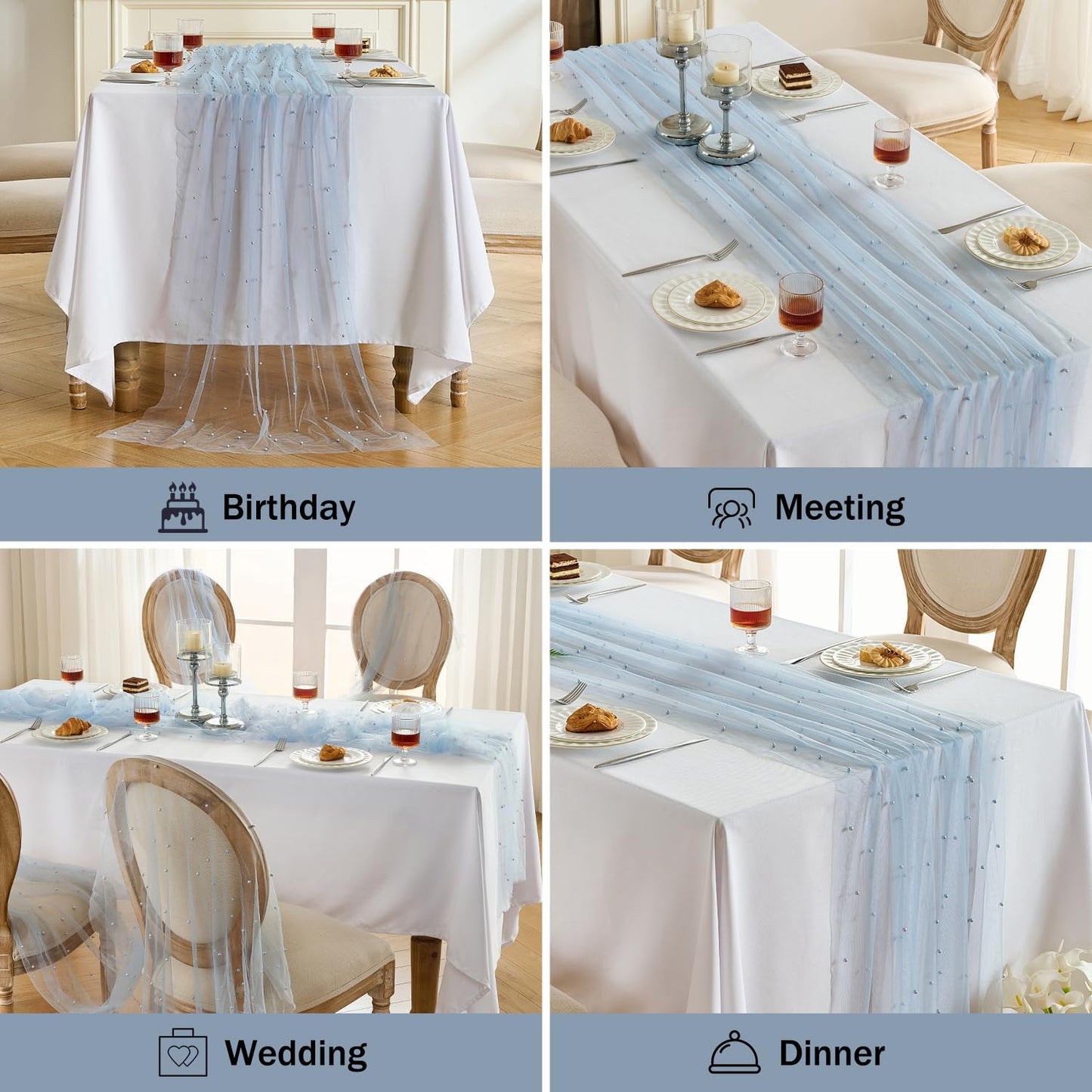Fanami 3 Pack Pearl Table Runner -10FT Dusty Blue Boho Tulle Table Runners 120 Inches Long Rustic Sheer Lace Fabric Centerpieces for Wedding Arch Birthday Party Bridal Veil Baby Shower Decorations