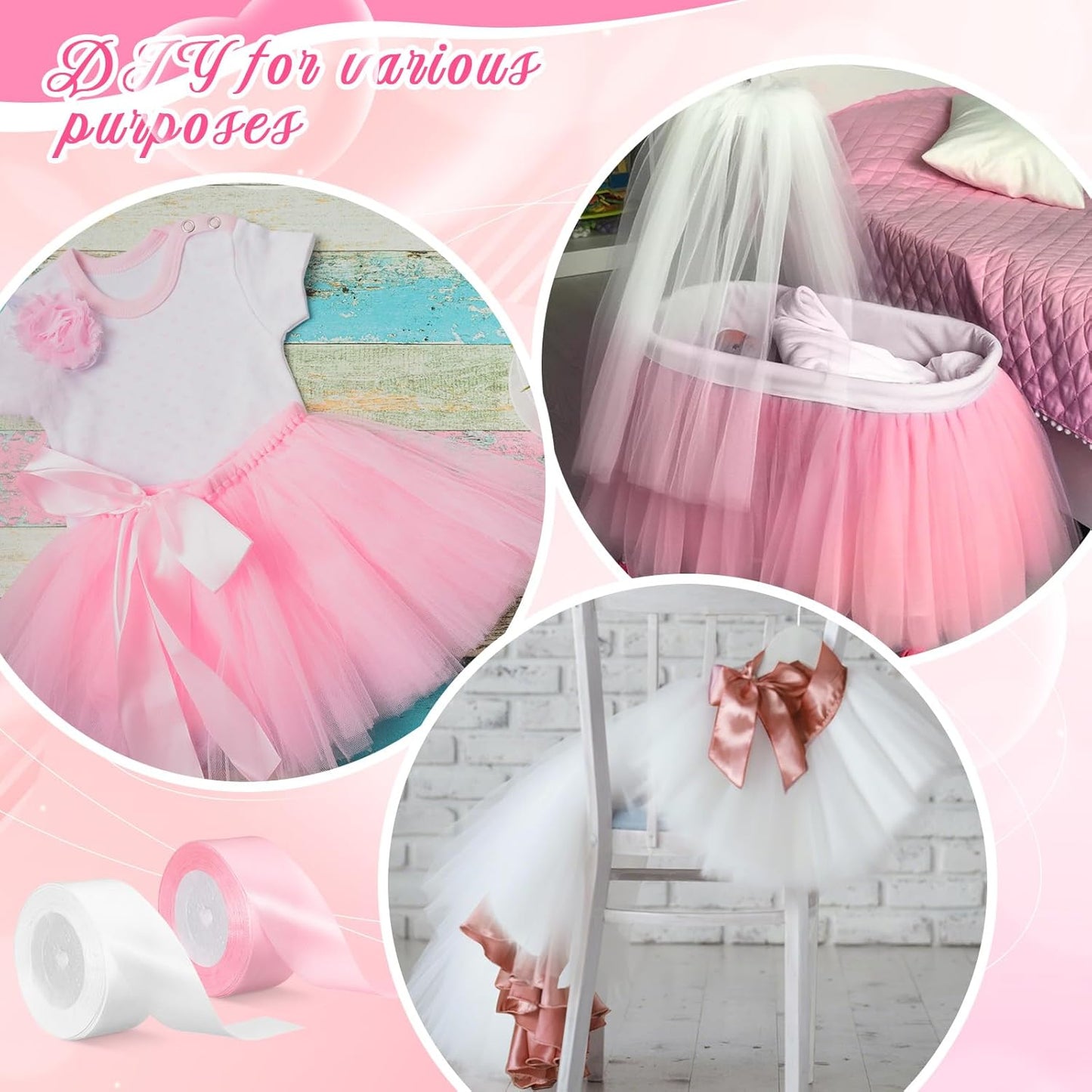 6 Pcs Tulle Fabric Rolls & Ribbon Set, Include Pink White Tulle Fabric Rolls 6 Inch by 100 Yards 3.9'' /1.5'' White Pink Ribbon for Wedding Bridal Shower Birthday Party DIY Tutu Skirt