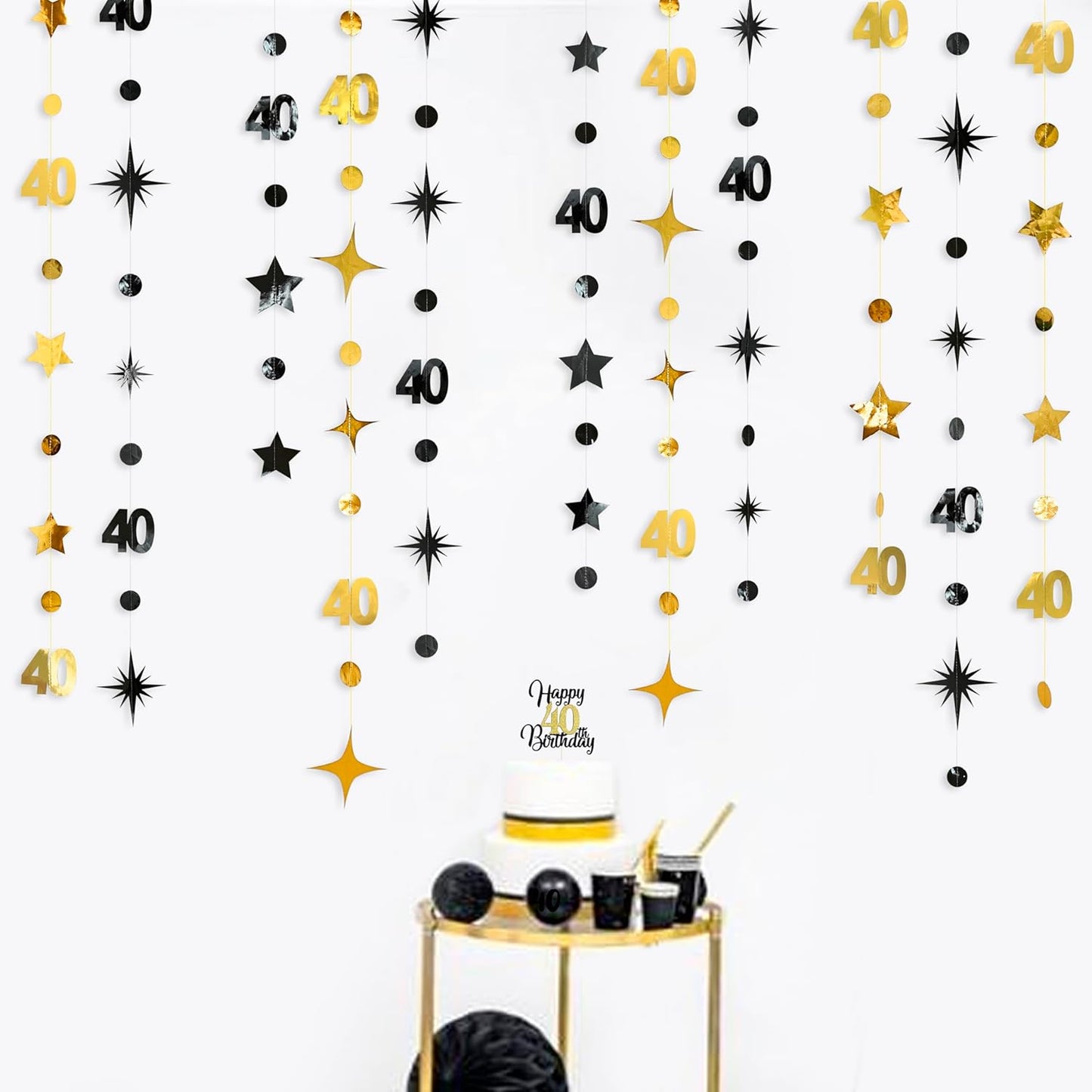 Black Gold 40th Birthday Decorations Number 40 Circle Dot Twinkle Star Garland Streamer Bunting Banner Backdrop for Women Mens Cheers to 40 Years Old Birthday Happy 40th Anniversary Party Supplies