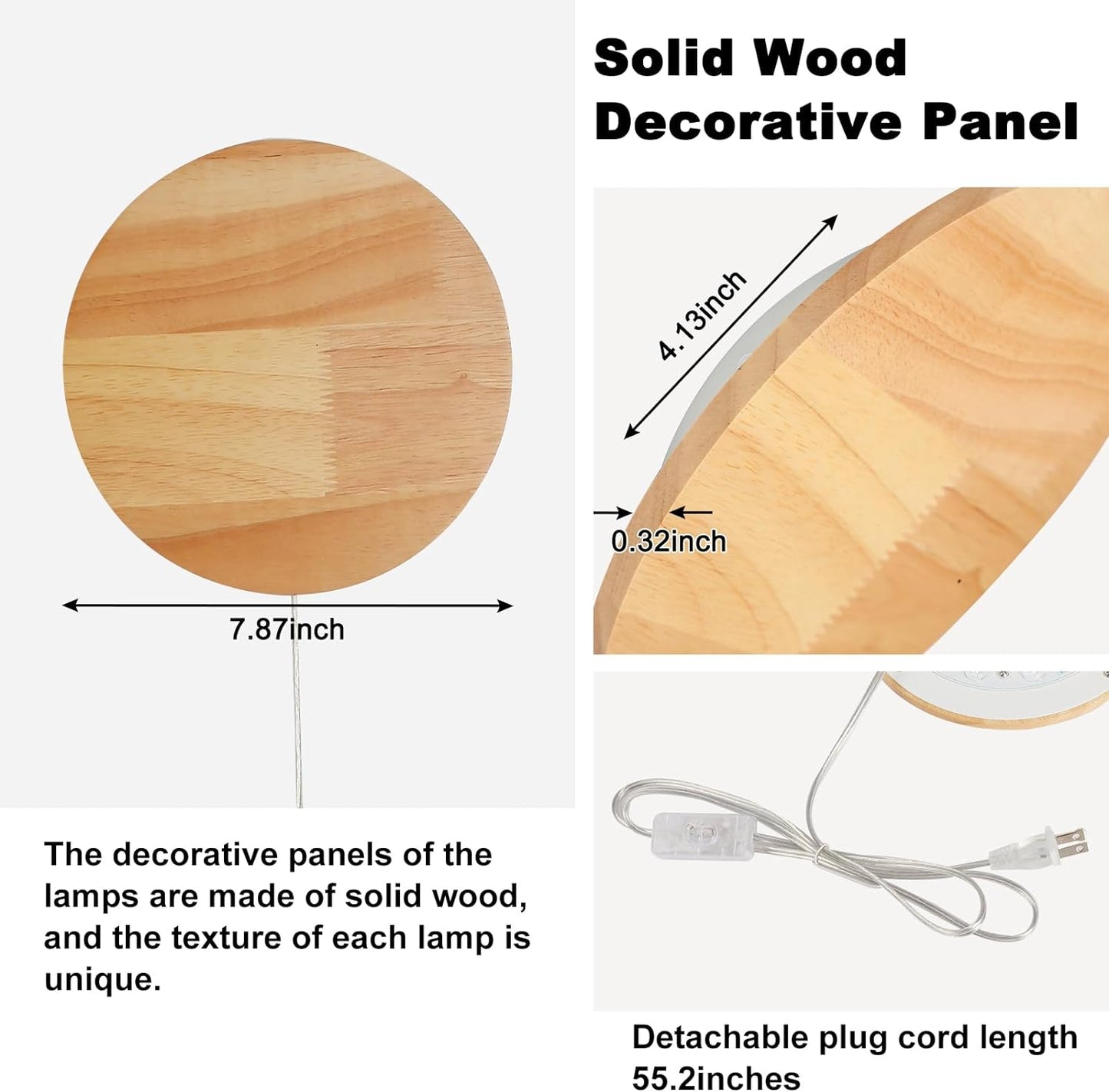 Modern Minimalist Plug in Wall Sconces, Plug-in Or Cordless 7.9'' Round Wood Backlight LED Wall Lamp, 12W, 1300LM Warm White Brightness Wall Light Fixtures for Bedroom, Living Room Wall Décor