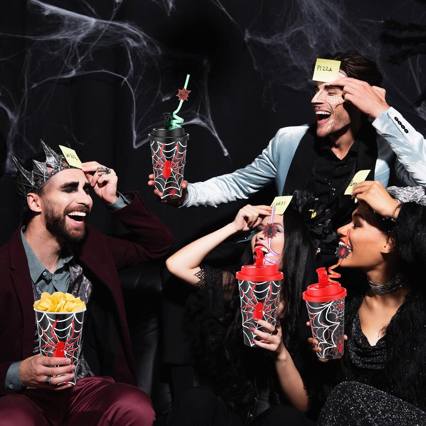 Yungyan 16 Sets Spider Party Favors Goodie Cups with Lids and Straws for Halloween Party Decorations Reusable 16oz Plastic Candy Cups Plastic Straws for Birthday Gift (Spider)