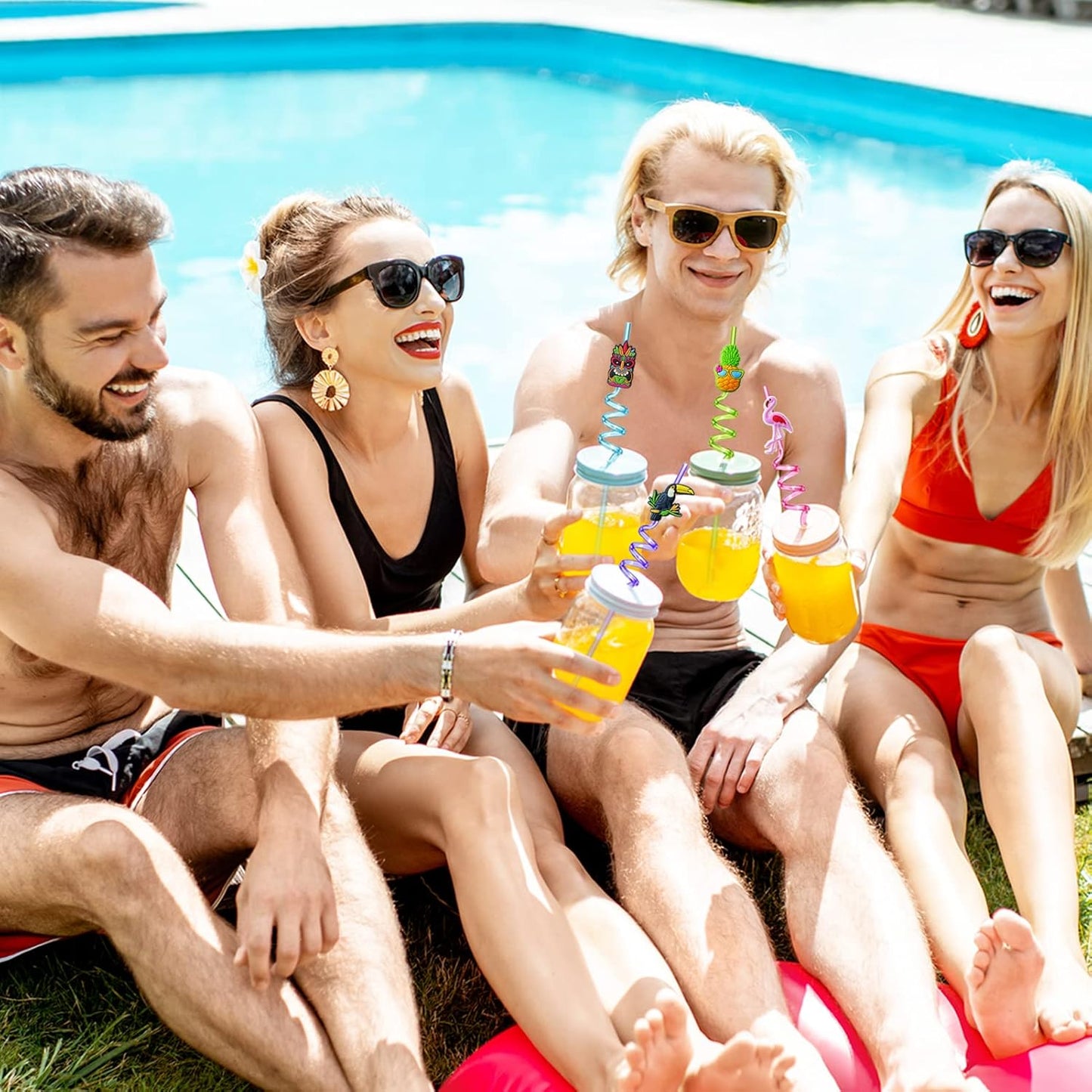 Hawaiian Luau Party Favor Drinking Straws (24 Pcs) Summer Beach Pool Birthday Party Supplies Reusable Plastic Drink Straw for Tropical Luau Party (2 Pcs Cleaning Brushes inside)…