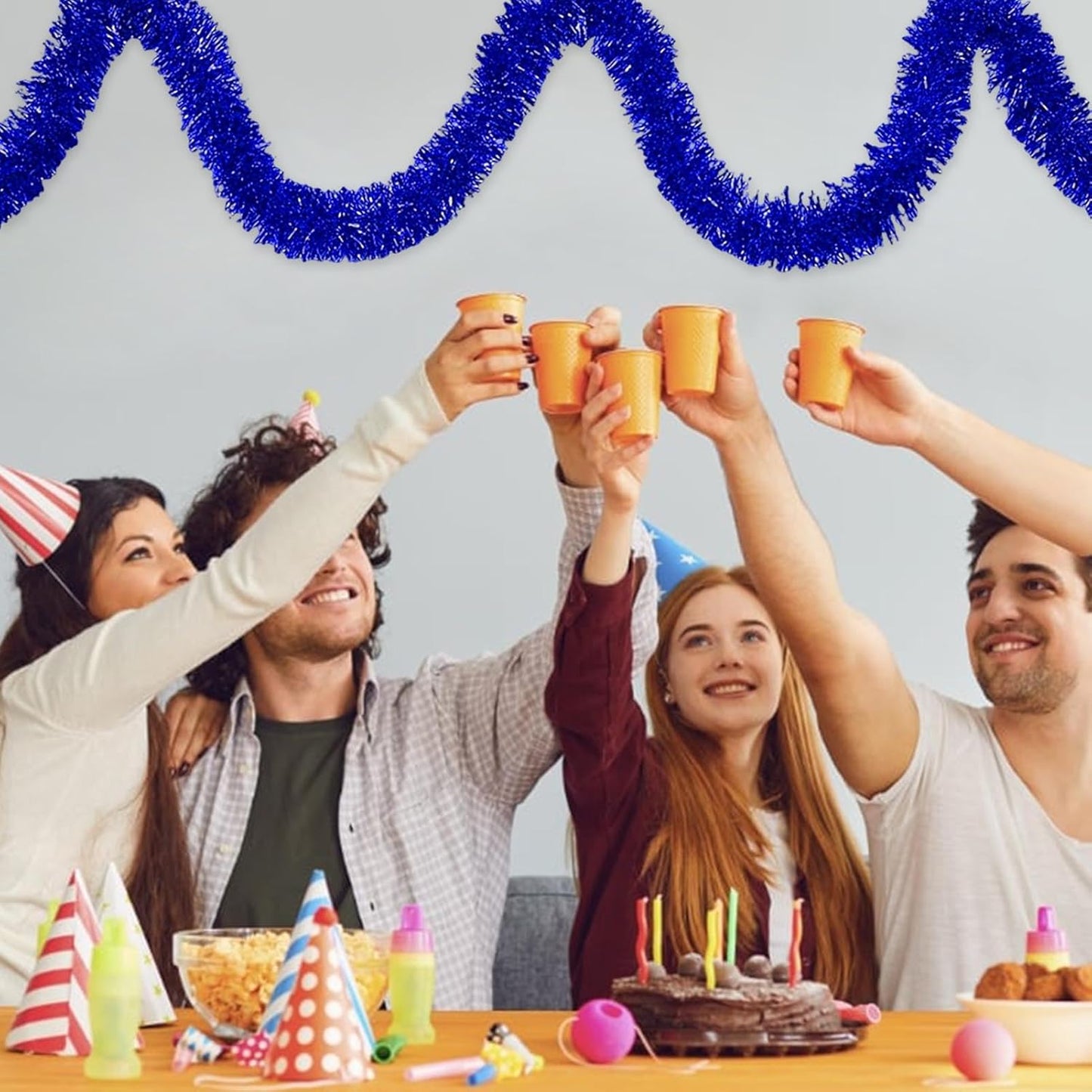 50 Feet Blue Christmas Tinsel Garland, Metallic Foil Twist Banner Wall Hanging Tinsel Streamers Backdrop for Parade Floats, Christmas, Mother's Day, Birthday Party Decorations(2in x 50ft)