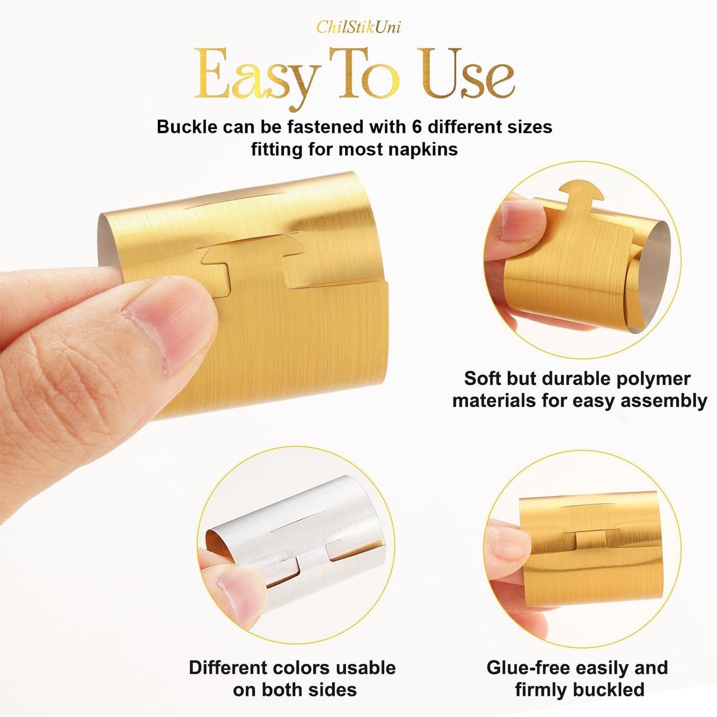 Polymer Material Reusable Napkin Band, Glue-Free Tear-Proof Water Resistant Oil-Proof Napkin Bands Set of 50(Front Brushed Gold Color and Back Silver), 6 Adjustable Sizes Napkin Rings