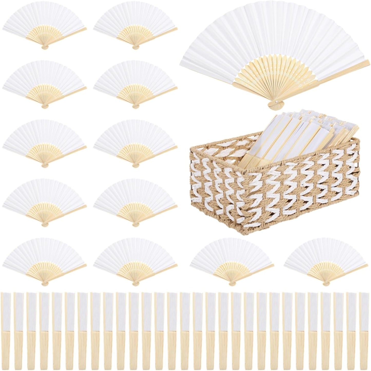 OMISTAR 100 Pcs White Paper Fans, Blank Folding Fan with 2 Storage Baskets, Customizable Wedding Fans, DIY Handheld Fan for Guests, Lightweight Craft Supplies for Party