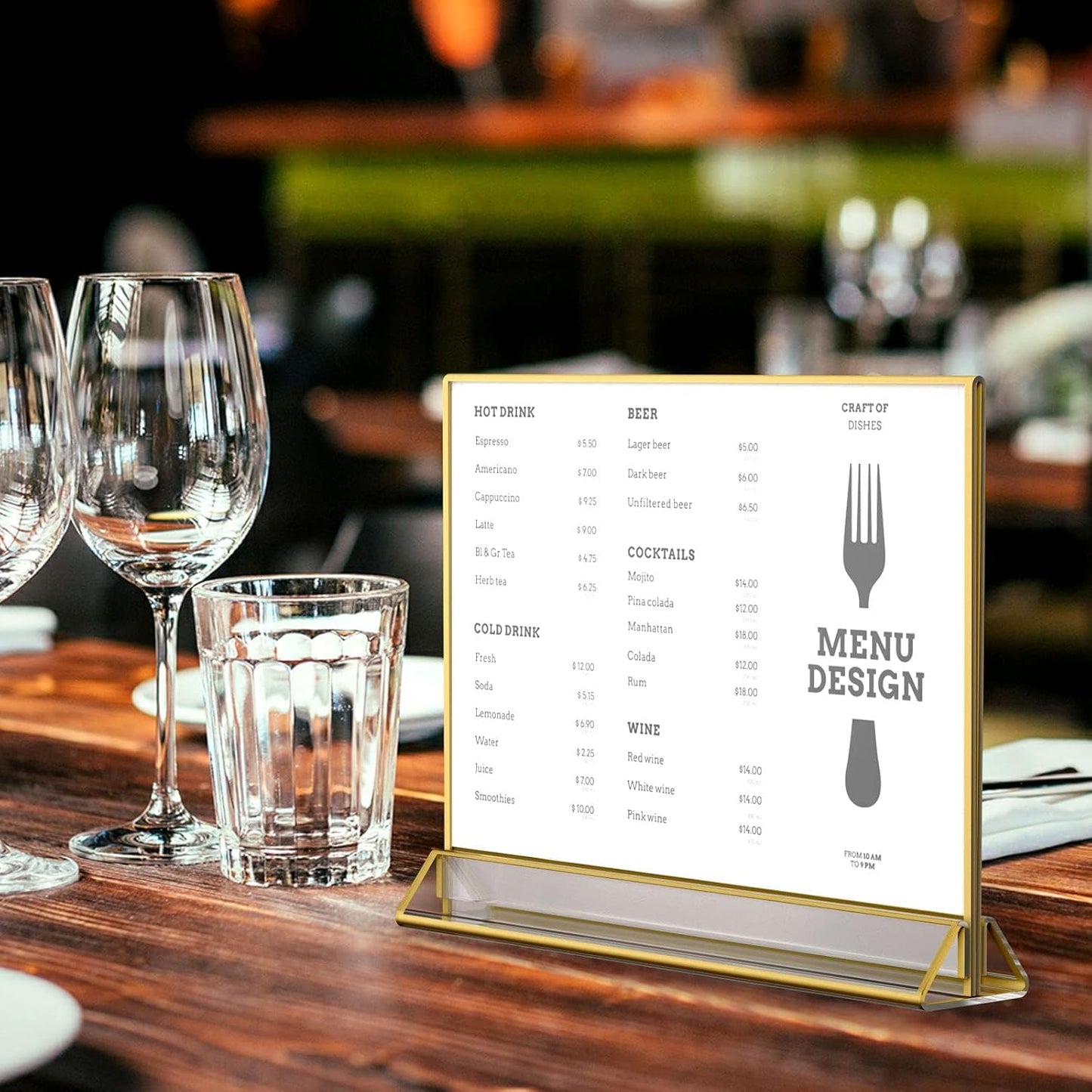 NIUBEE 6Pack 11 x 8.5 Acrylic Sign Holder with Gold Frames and Vertical Stand, Ideal for Display Wedding Table Numbers, Double Sided Picture, Clear Photos, Menu Holders -Horizontal