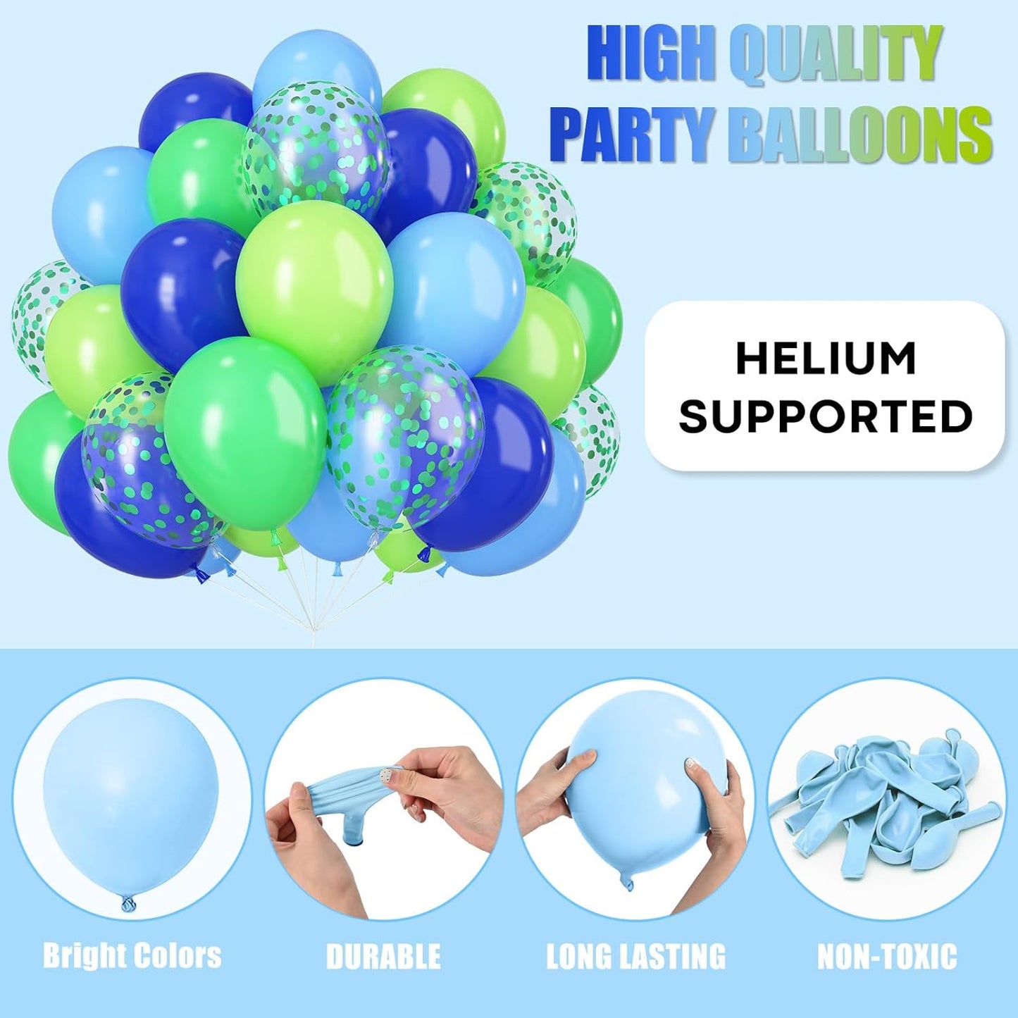 Blue Green Balloons 12 Inch Royal Blue Fruit Light Green Confetti Balloon with Ribbons for Boys Birthday Party Football Video Game Jungle Safari Themed Decoration