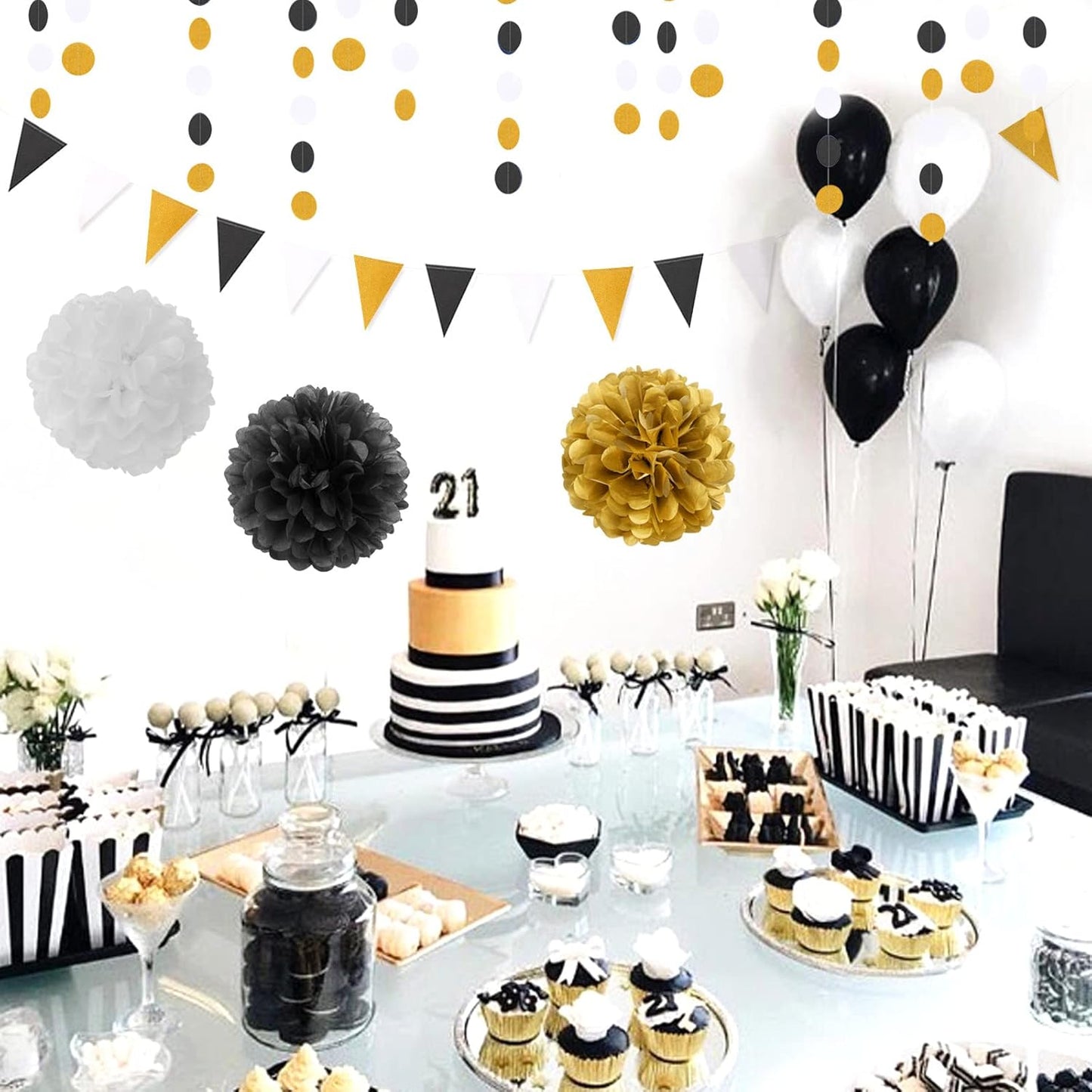 Black Gold Graduation Party Decorations - 23pcs Kits Farewell Tissue Pom Poms Flowers,Streamers Banner,Tassel Garland 50th Men Birthday Bachelorette Baby Shower Decoration Bunting Lasting Surprise