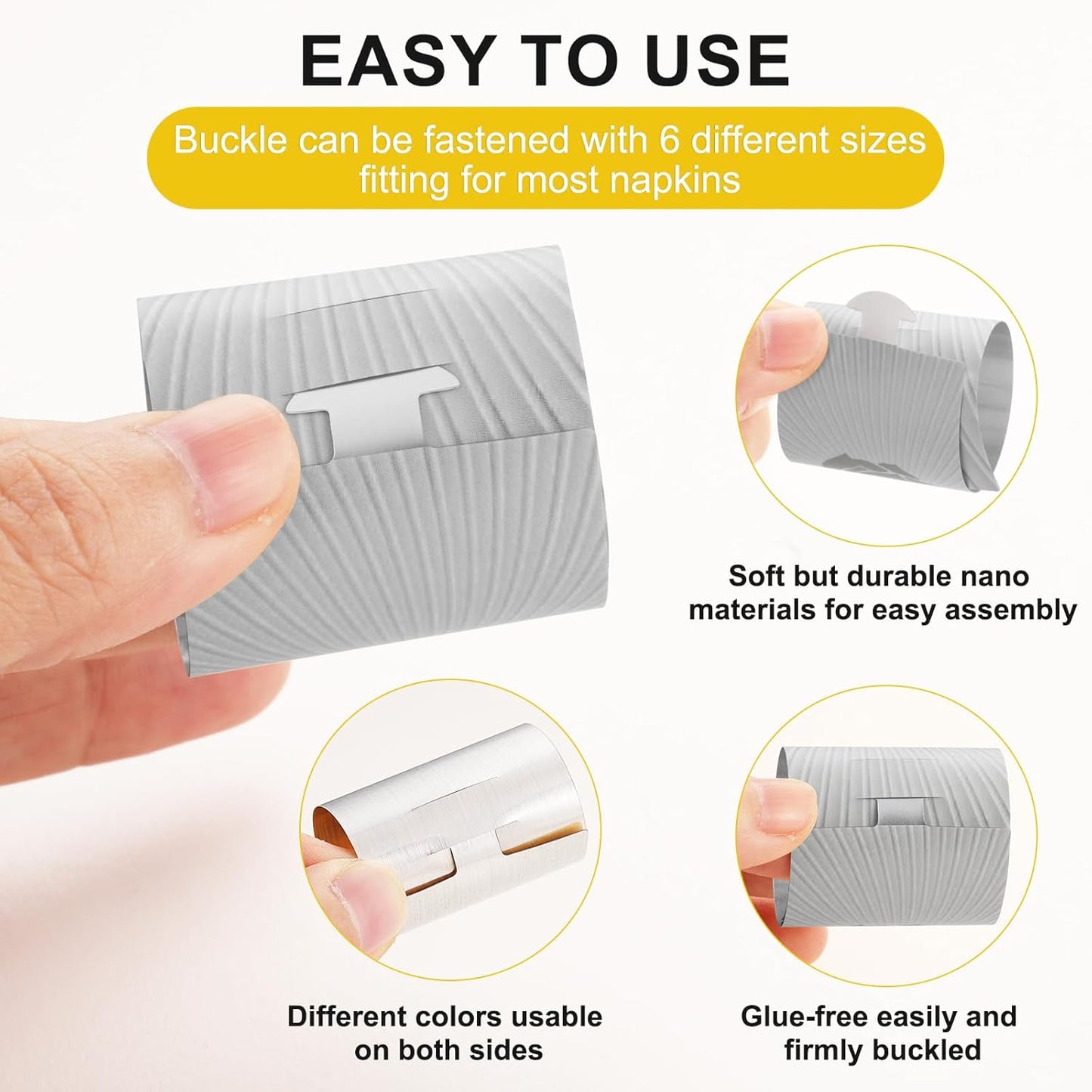 Polymer Material Reusable Napkin Band, Glue-Free Tear-Proof Water Resistant Oil-Proof Napkin Bands Set of 200(Front Silver Rose and Back Silver Color), 6 Adjustable Sizes Napkin Rings