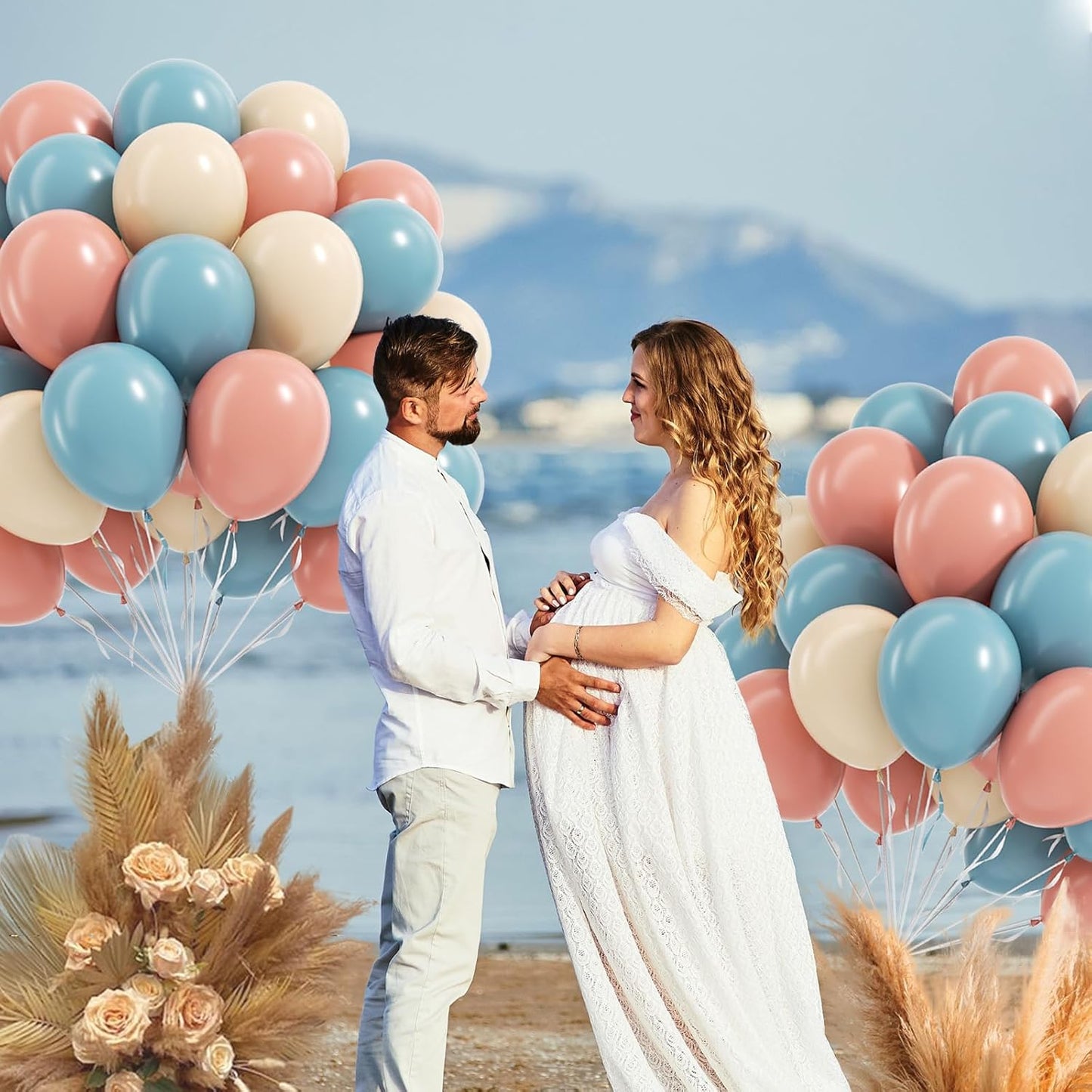 60pcs Gender Reveal Balloons, Dusty Pink Dusty Blue Sand White Balloons for Birthday Baby Shower Gender Reveal Party Decorations