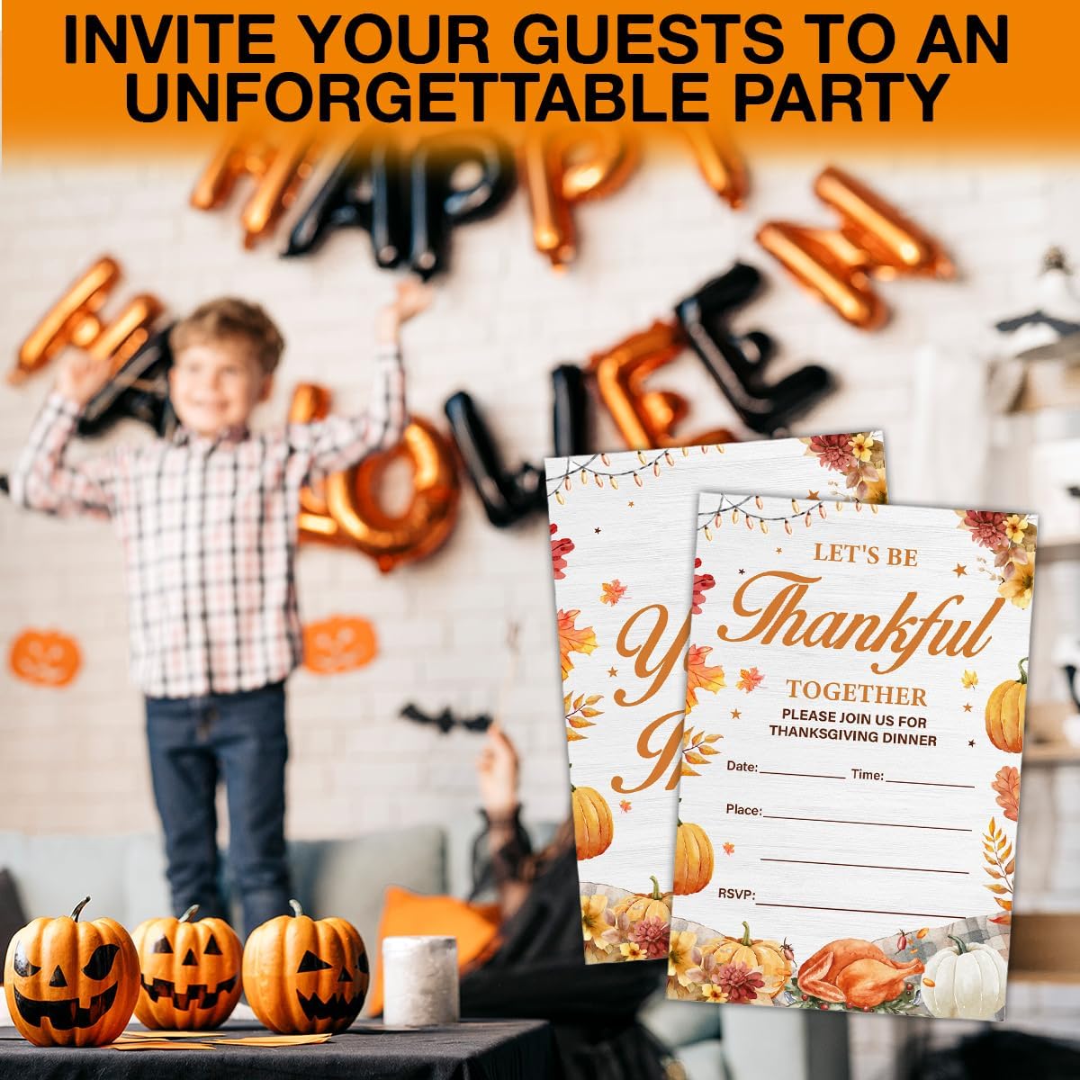 Thanksgiving Party Invitations, Fall Pumpkins Friendsgiving Thanksgiving Dinner Party Fill in Invites Cards With Envelopes (20 Count) Double Sided Design, Let's be Thankful Together